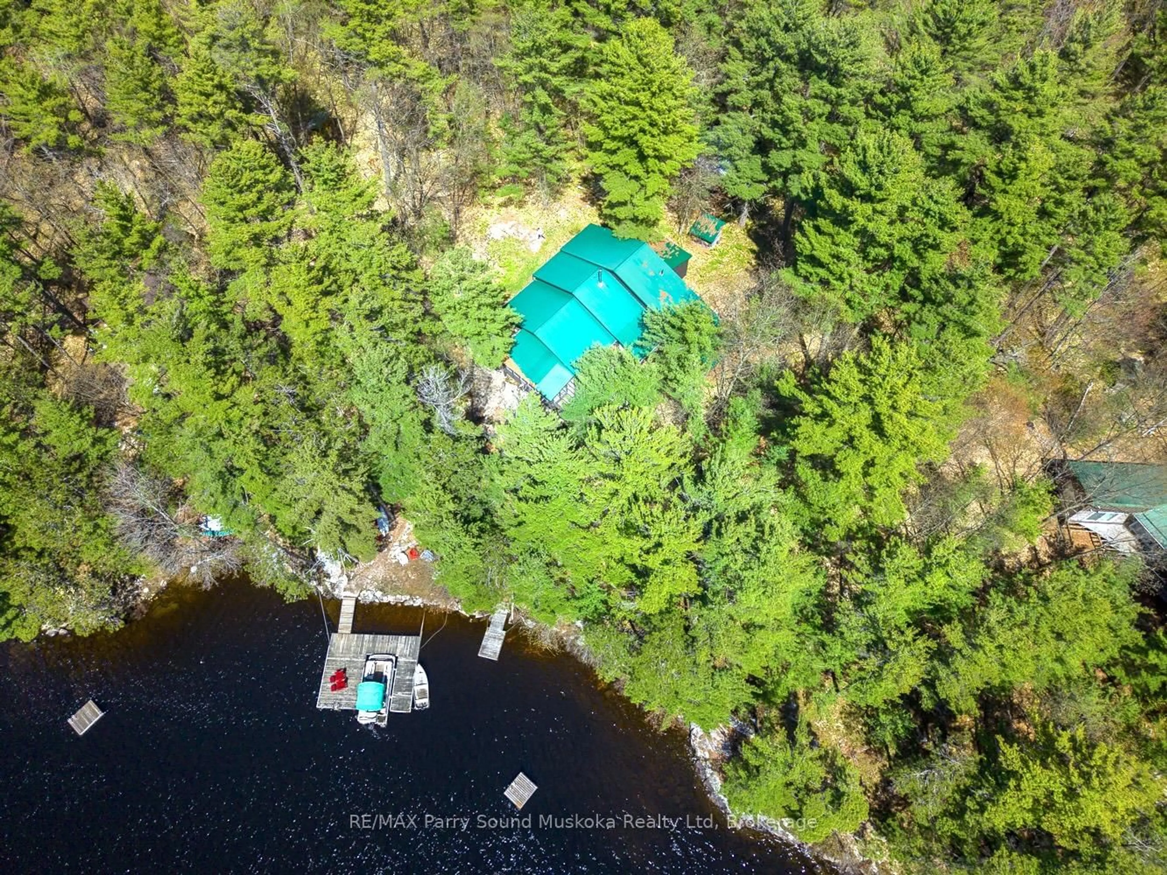 A pic from outside/outdoor area/front of a property/back of a property/a pic from drone, water/lake/river/ocean view for 10 Harris Lake Water, Parry Sound Remote Area Ontario P0G 1K0