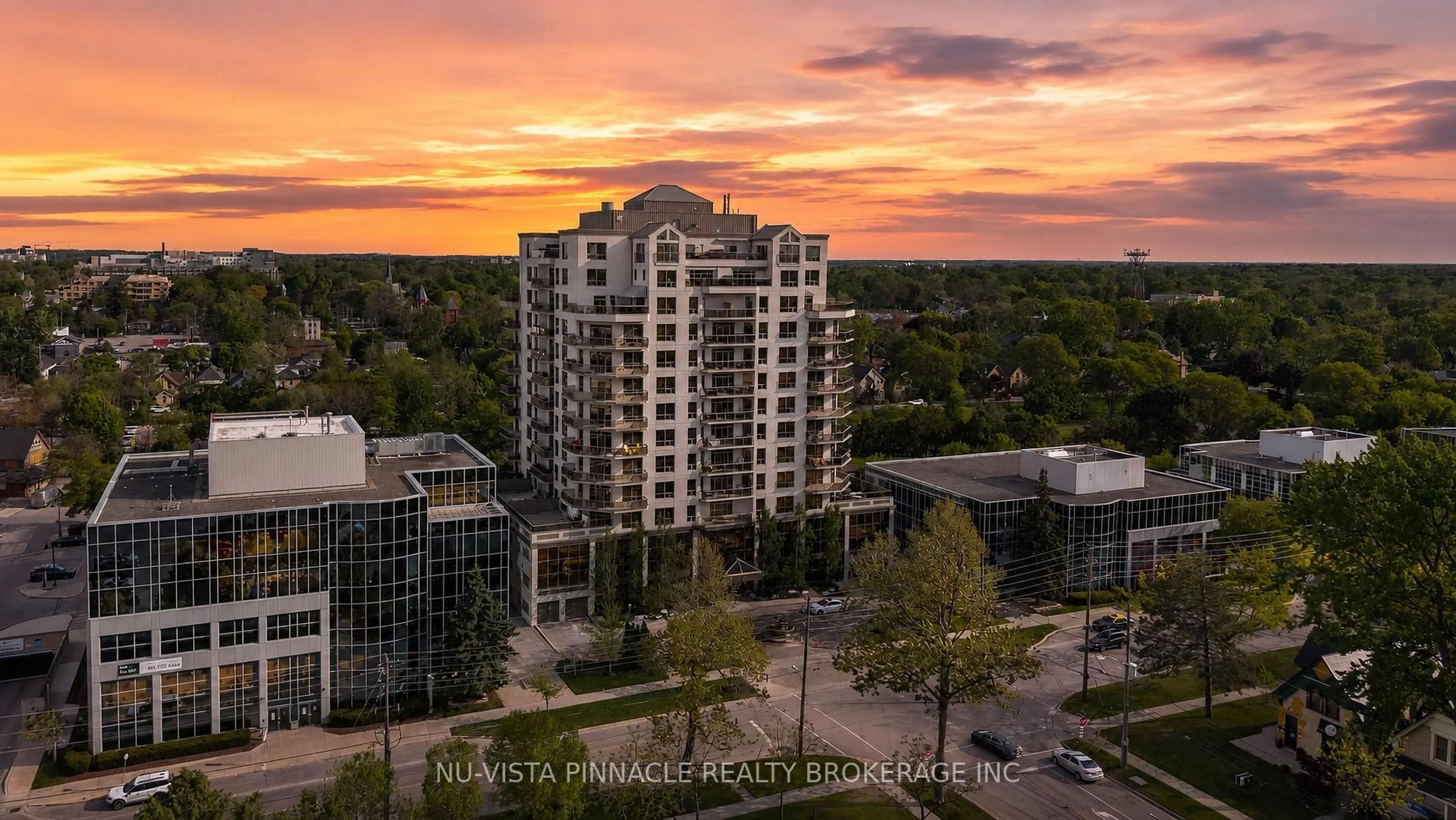 A pic from outside/outdoor area/front of a property/back of a property/a pic from drone, city buildings view from balcony for 250 Pall Mall St #1303, London East Ontario N6A 6K3