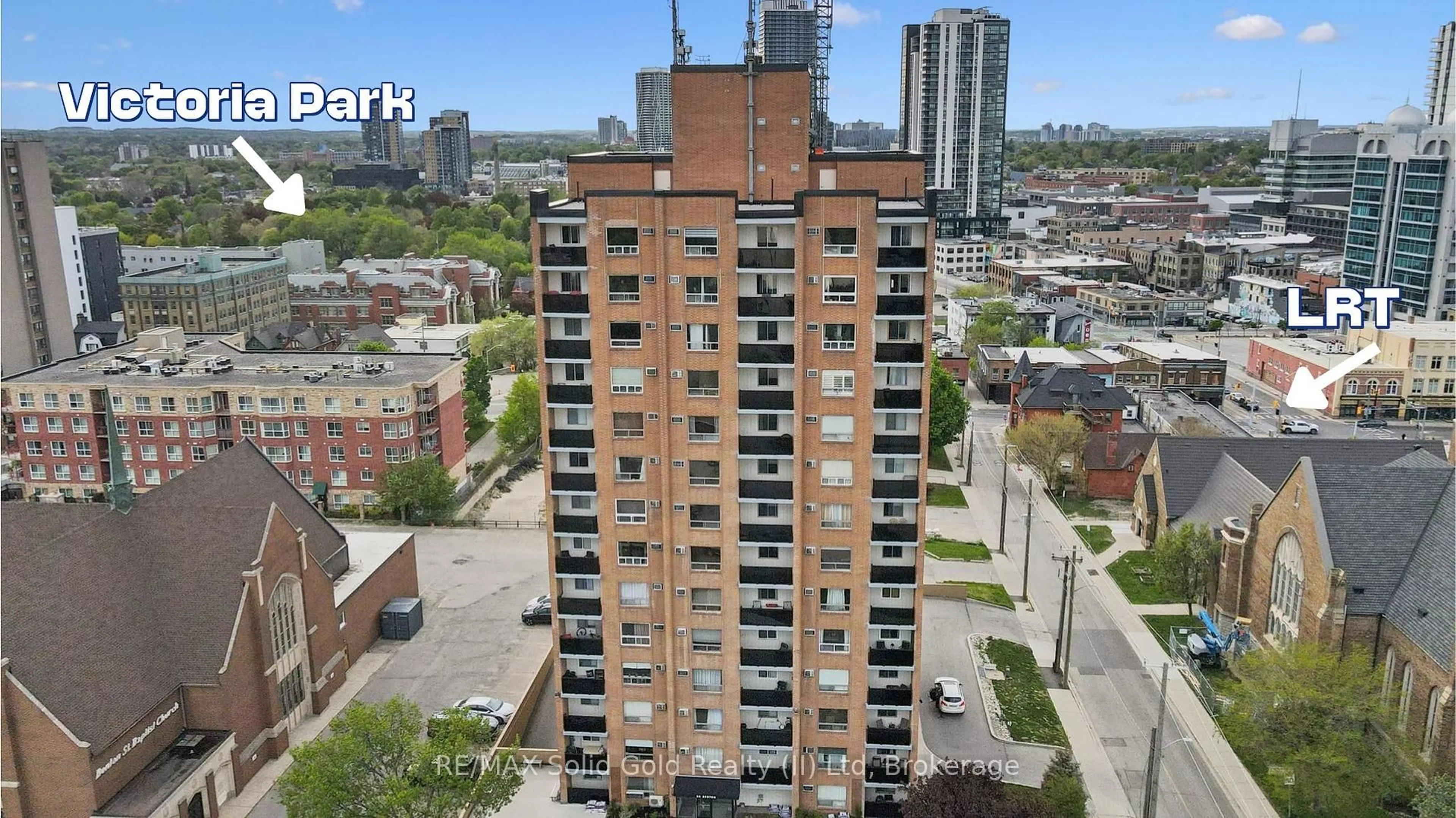 A pic from outside/outdoor area/front of a property/back of a property/a pic from drone, city buildings view from balcony for 64 Benton St #304, Kitchener Ontario N2G 4L9