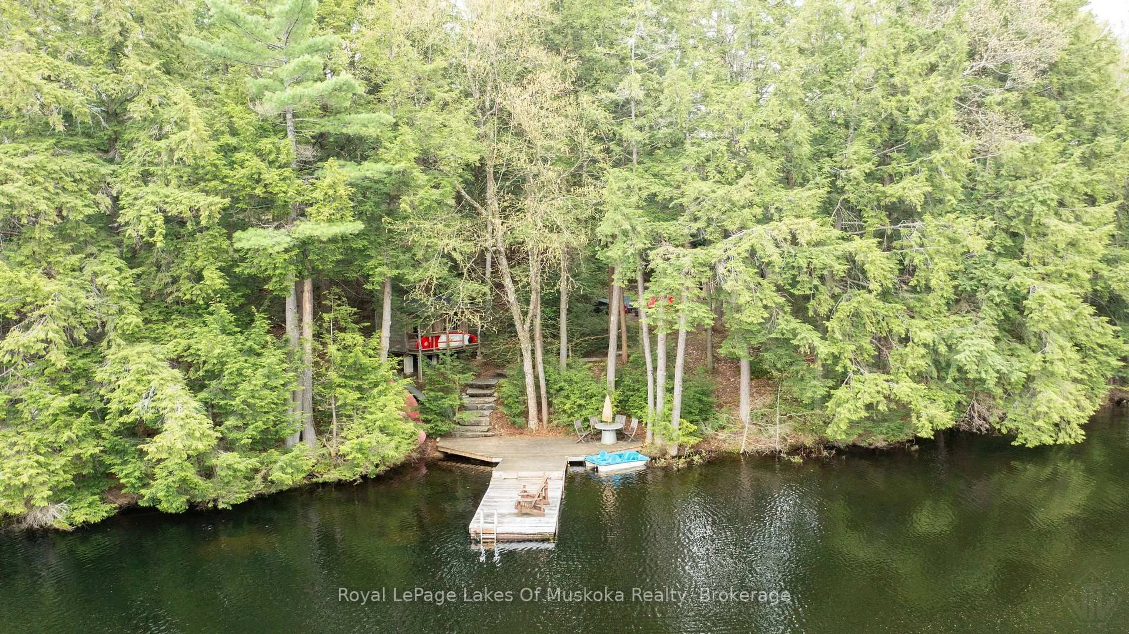 A pic from outside/outdoor area/front of a property/back of a property/a pic from drone, water/lake/river/ocean view for 1122 Bigwind Lake Rd, Bracebridge Ontario P1L 1X1