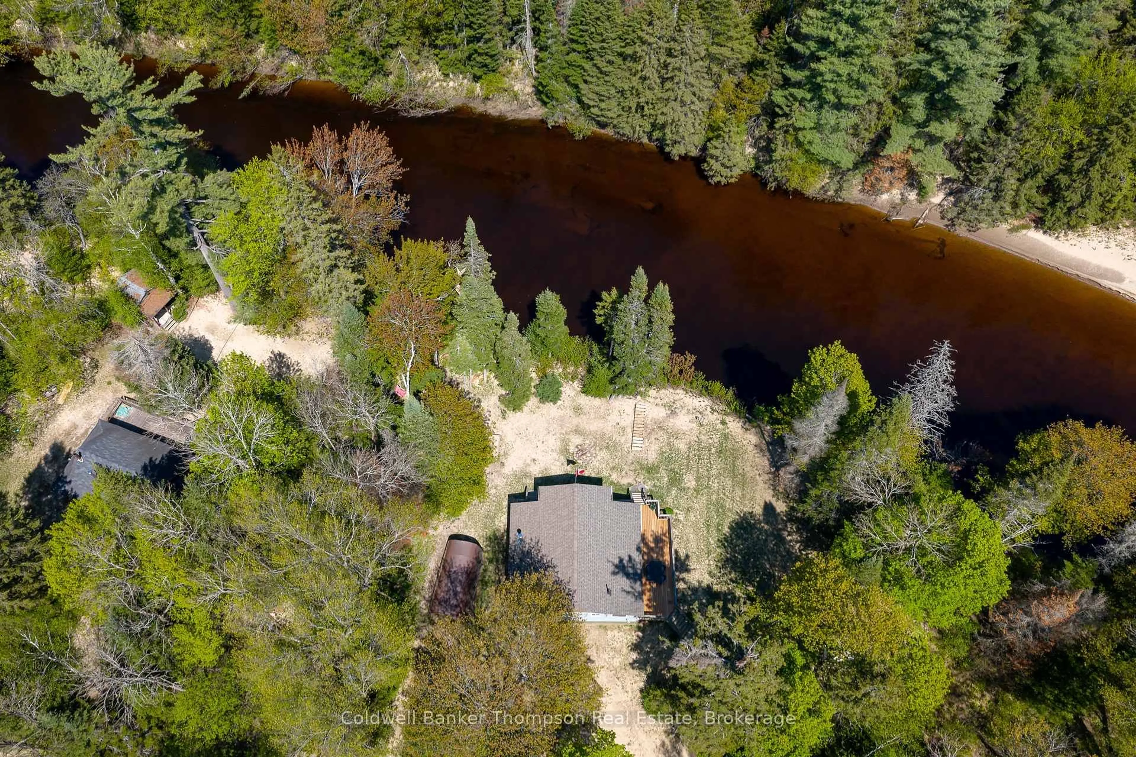 A pic from outside/outdoor area/front of a property/back of a property/a pic from drone, forest/trees view for 41 Robert Rd, Huntsville Ontario P1H 2J4