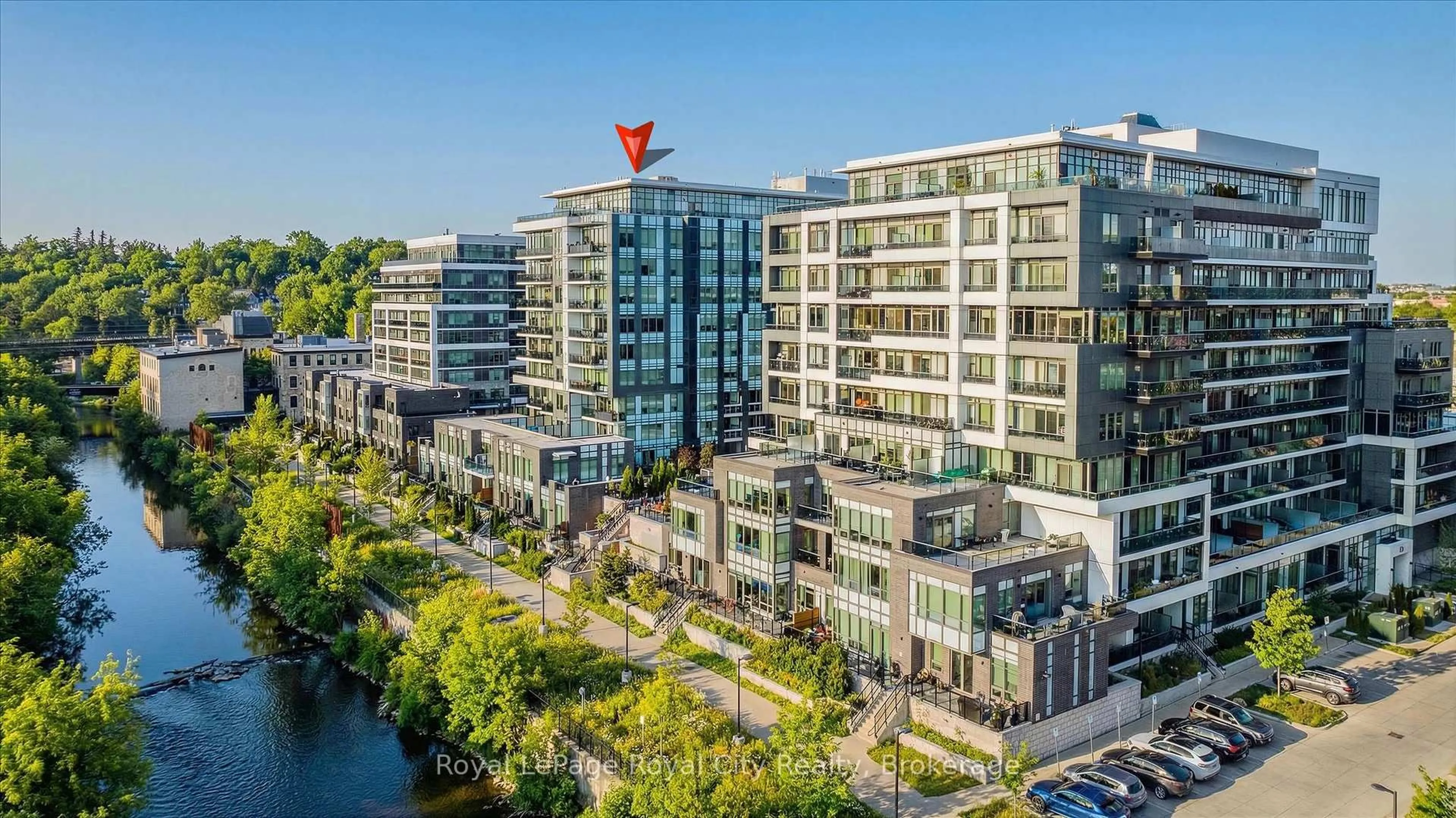 A pic from outside/outdoor area/front of a property/back of a property/a pic from drone, city buildings view from balcony for 63 Arthur St #103, Guelph Ontario N1E 0A8