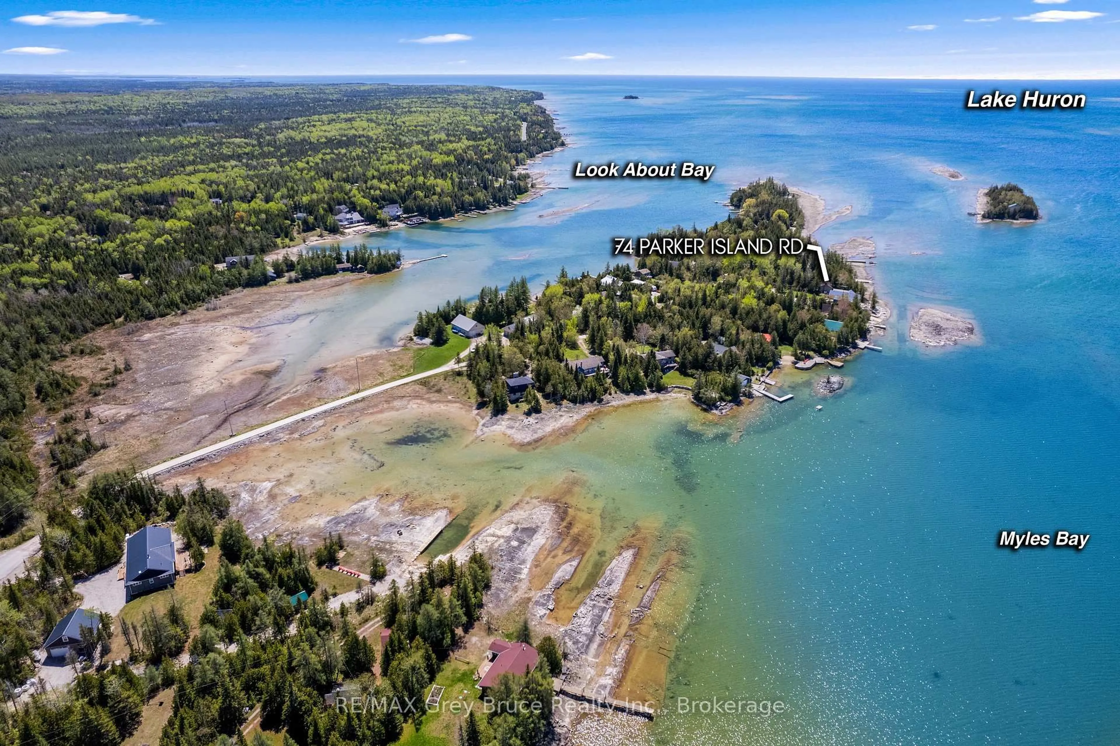 A pic from outside/outdoor area/front of a property/back of a property/a pic from drone, water/lake/river/ocean view for 74 Parker Island Rd, Northern Bruce Peninsula Ontario N0H 1W0