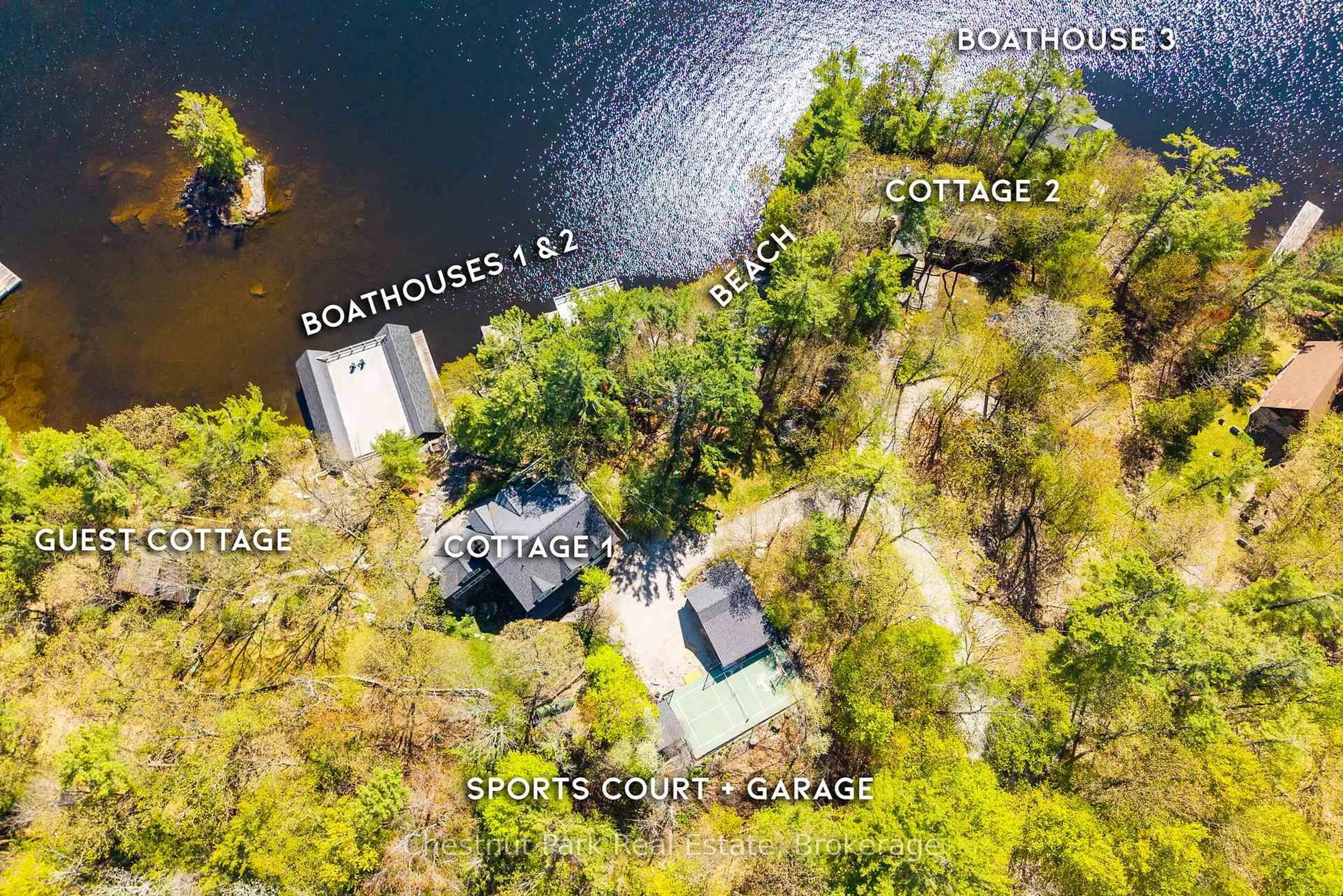A pic from outside/outdoor area/front of a property/back of a property/a pic from drone, water/lake/river/ocean view for 1064 Heather Lodge Rd #1 & 3, Muskoka Lakes Ontario P0B 1J0