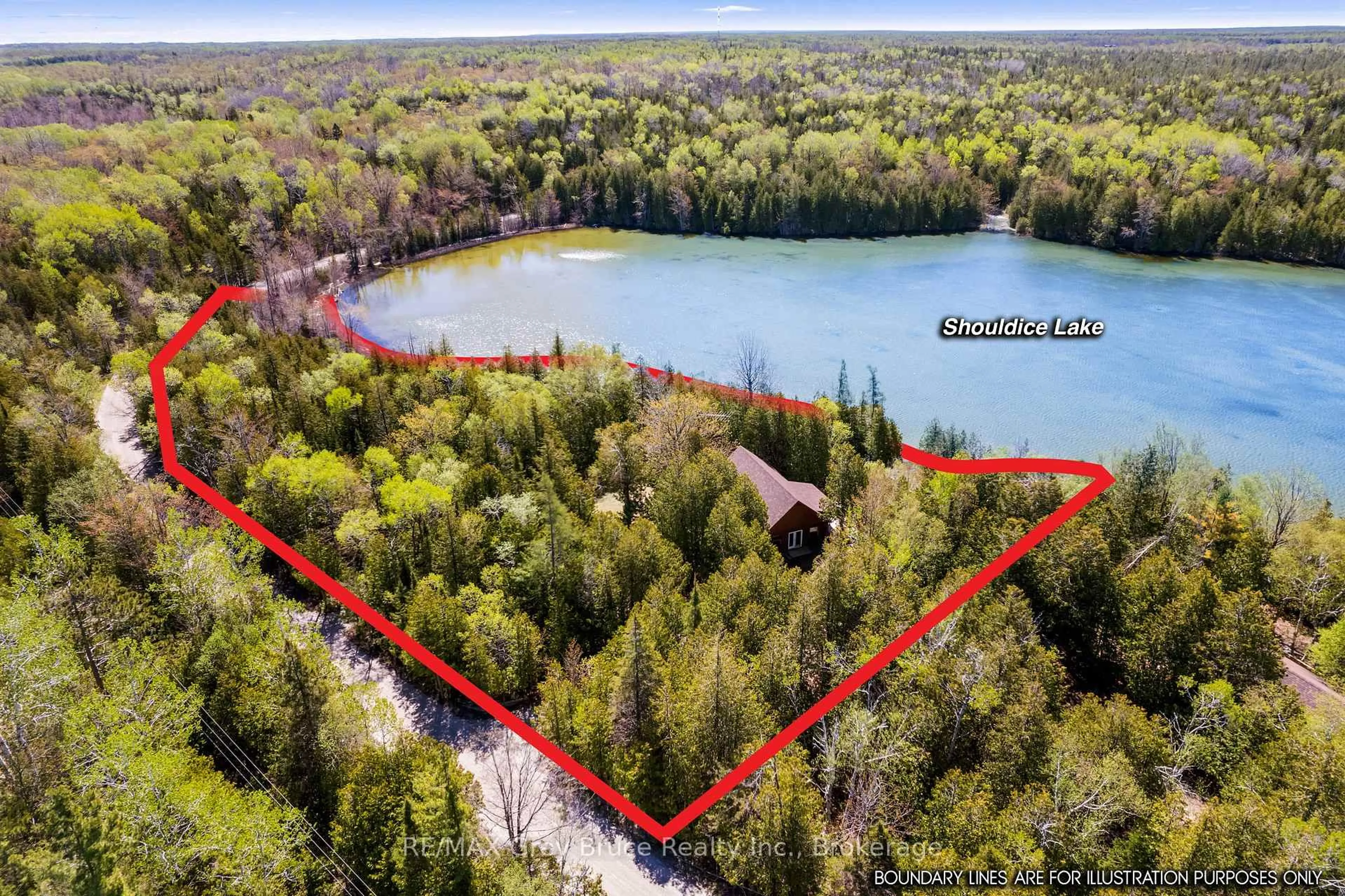 A pic from outside/outdoor area/front of a property/back of a property/a pic from drone, water/lake/river/ocean view for 155 Shouldice Lake Rd, Northern Bruce Peninsula Ontario N0H 1Z0