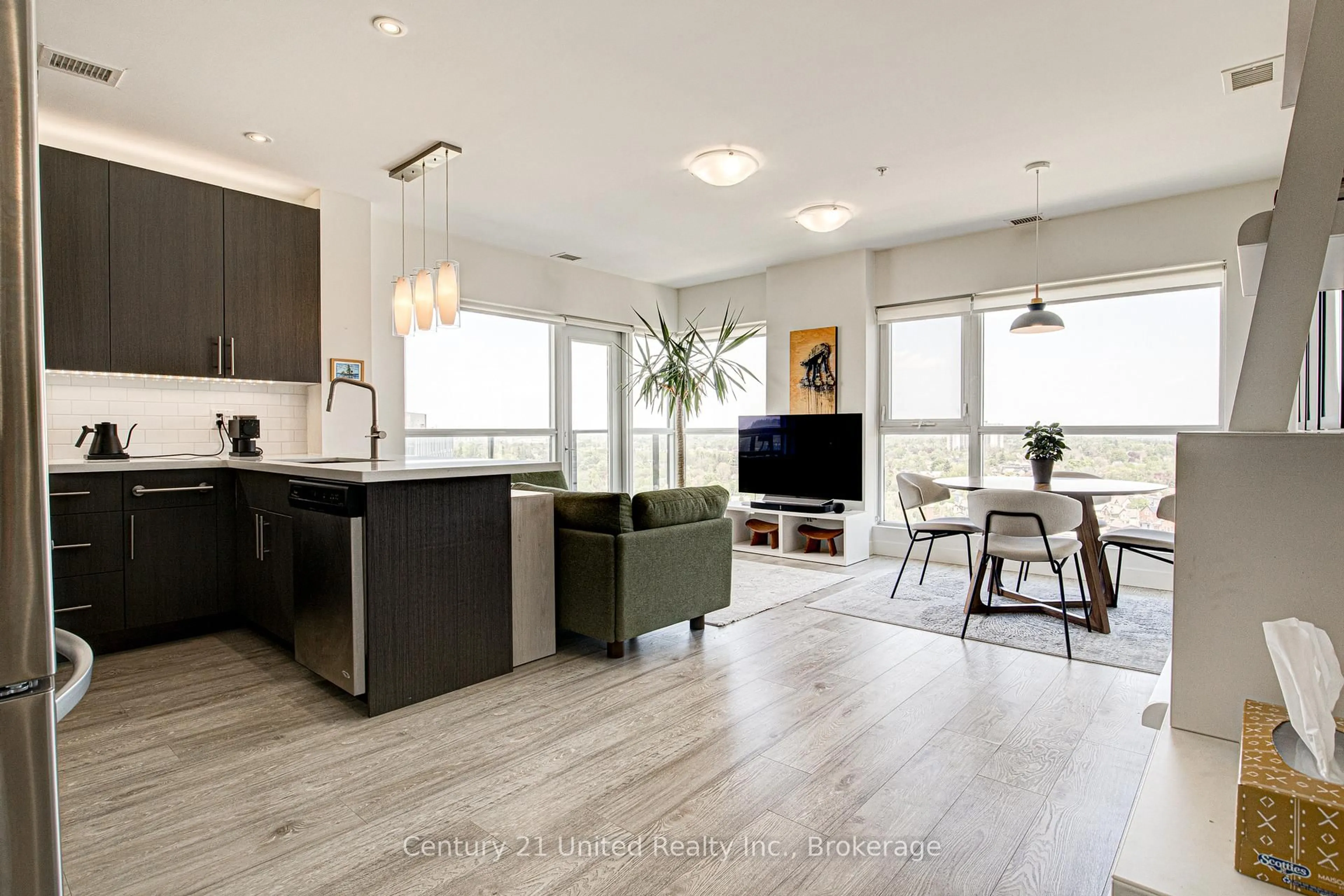 Open concept kitchen, wood/laminate floor for 1 Victoria St #1702, Kitchener Ontario N2G 1C5