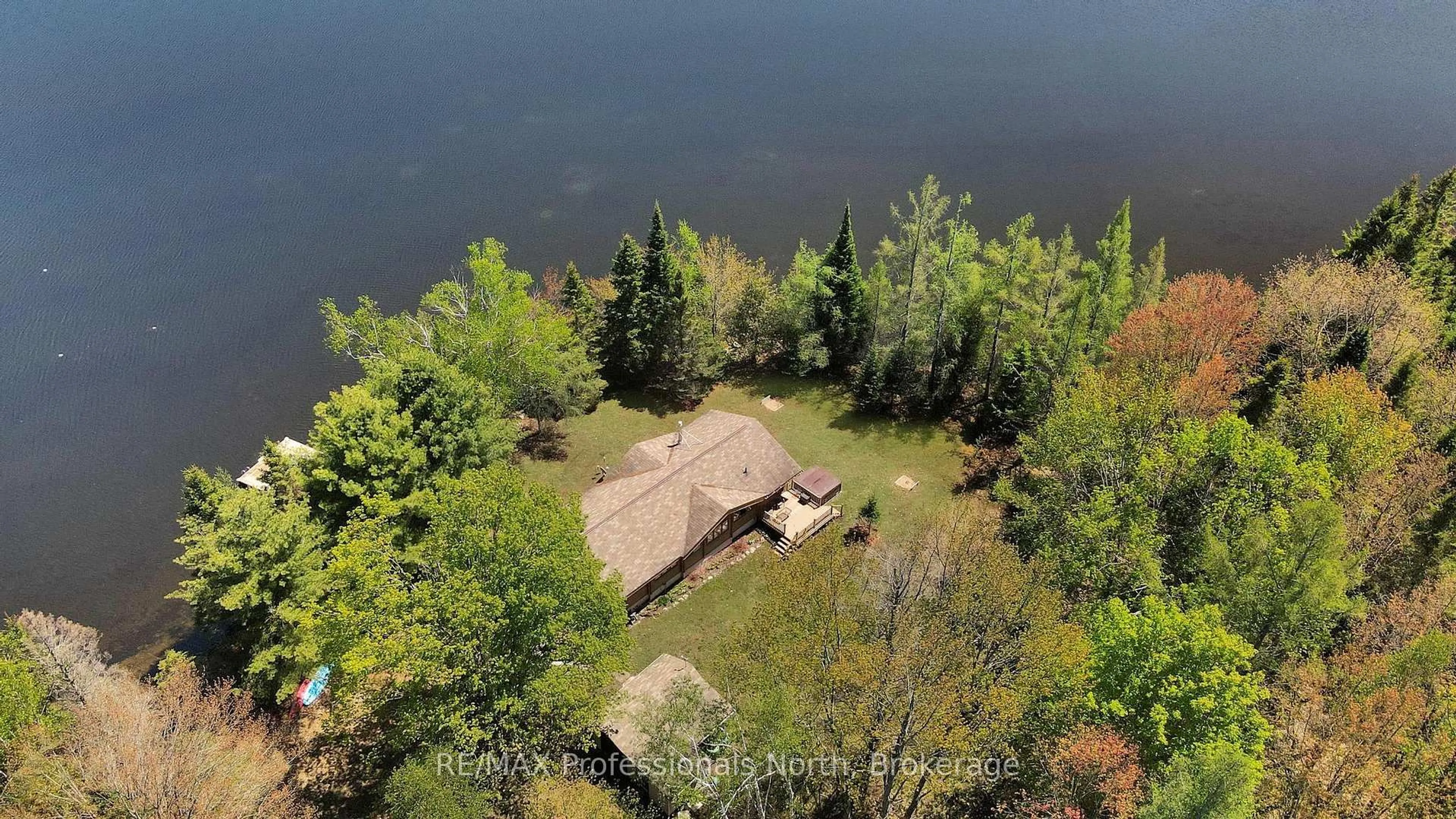 A pic from outside/outdoor area/front of a property/back of a property/a pic from drone, water/lake/river/ocean view for 1366 Hospitality Rd, Minden Hills Ontario K0M 2K0