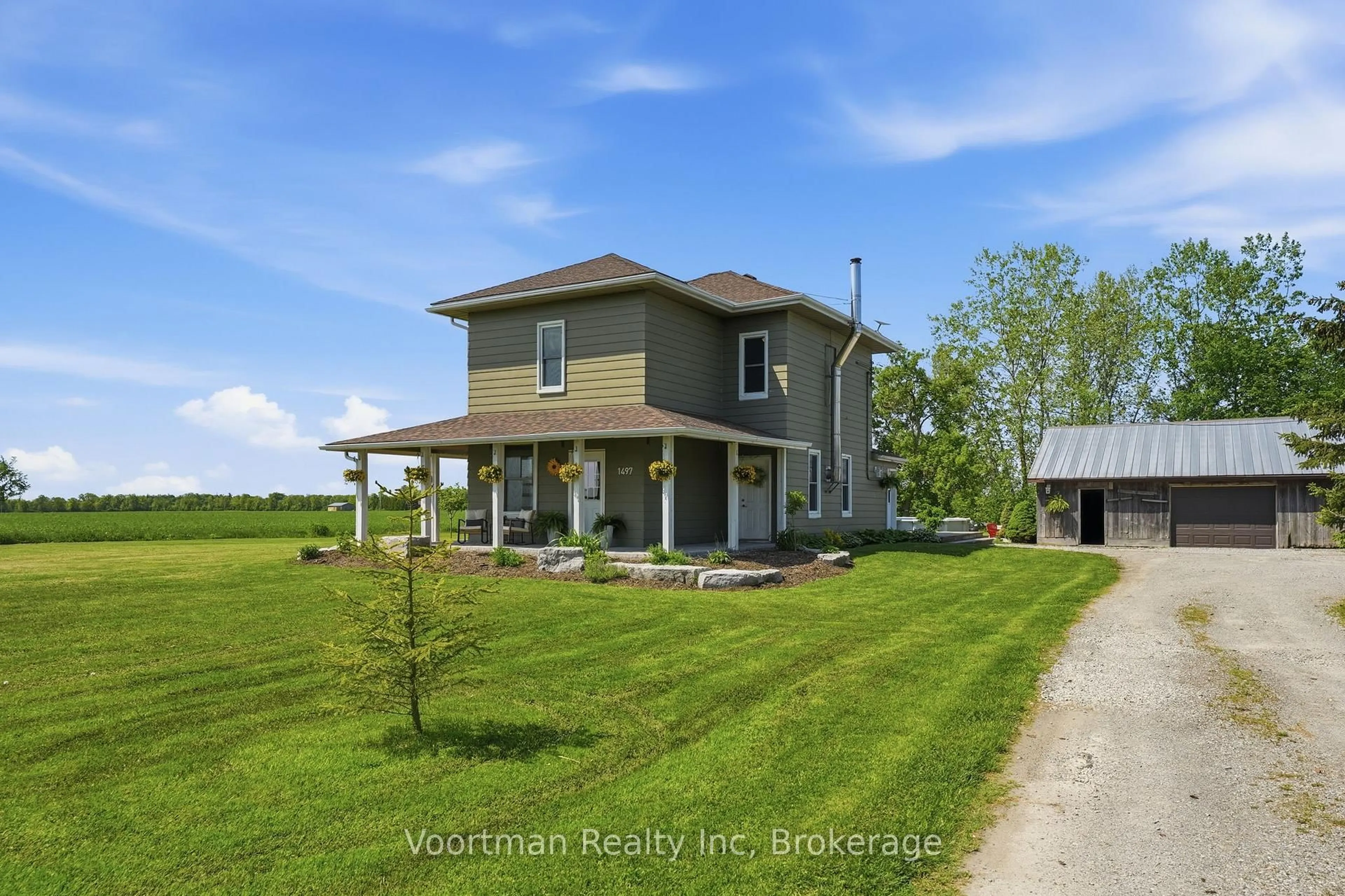 A pic from outside/outdoor area/front of a property/back of a property/a pic from drone, water/lake/river/ocean view for 1497 County Line, Haldimand Ontario N0A 1H0