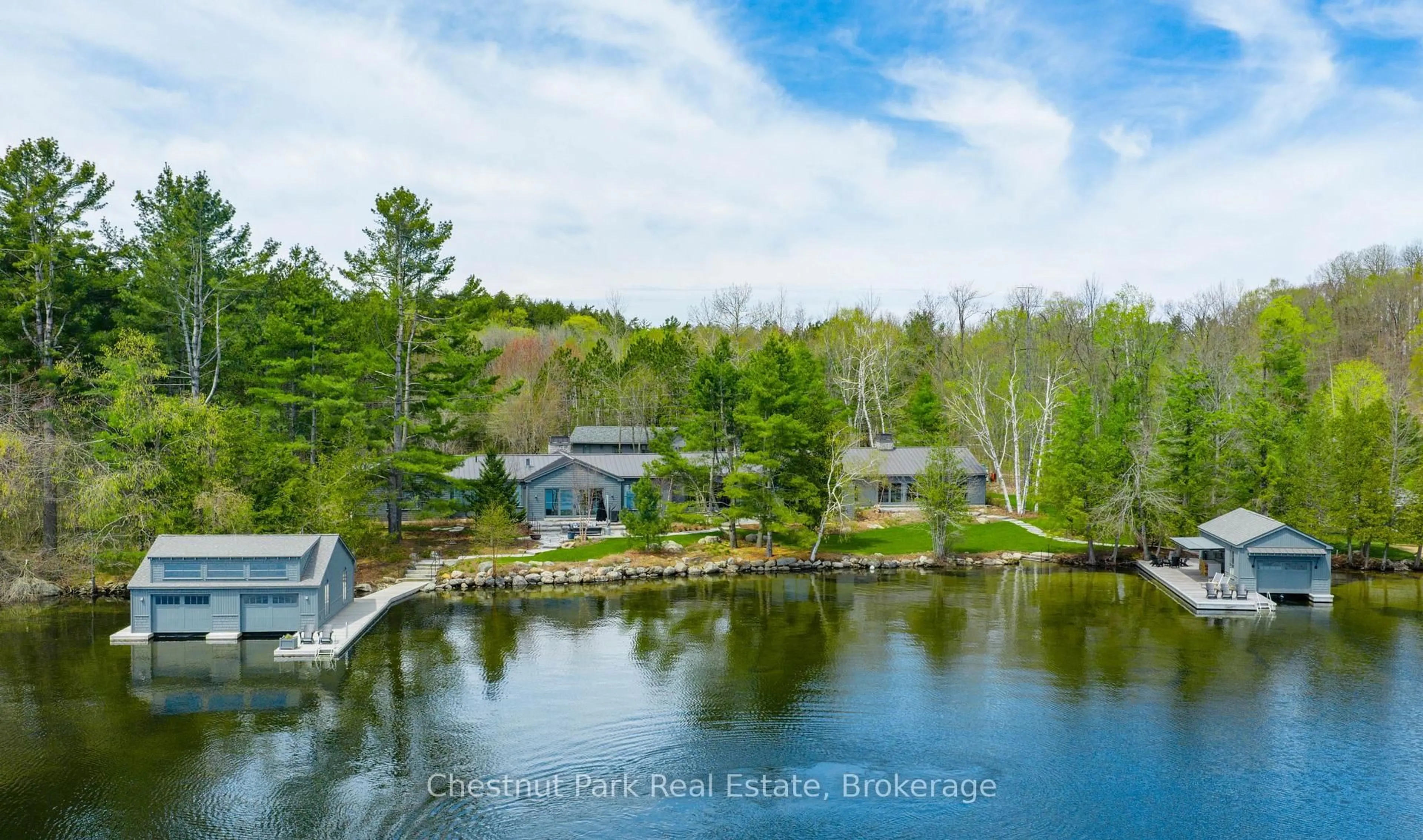 A pic from outside/outdoor area/front of a property/back of a property/a pic from drone, water/lake/river/ocean view for 1082 Halls Rd #1, Muskoka Lakes Ontario P0B 1G0