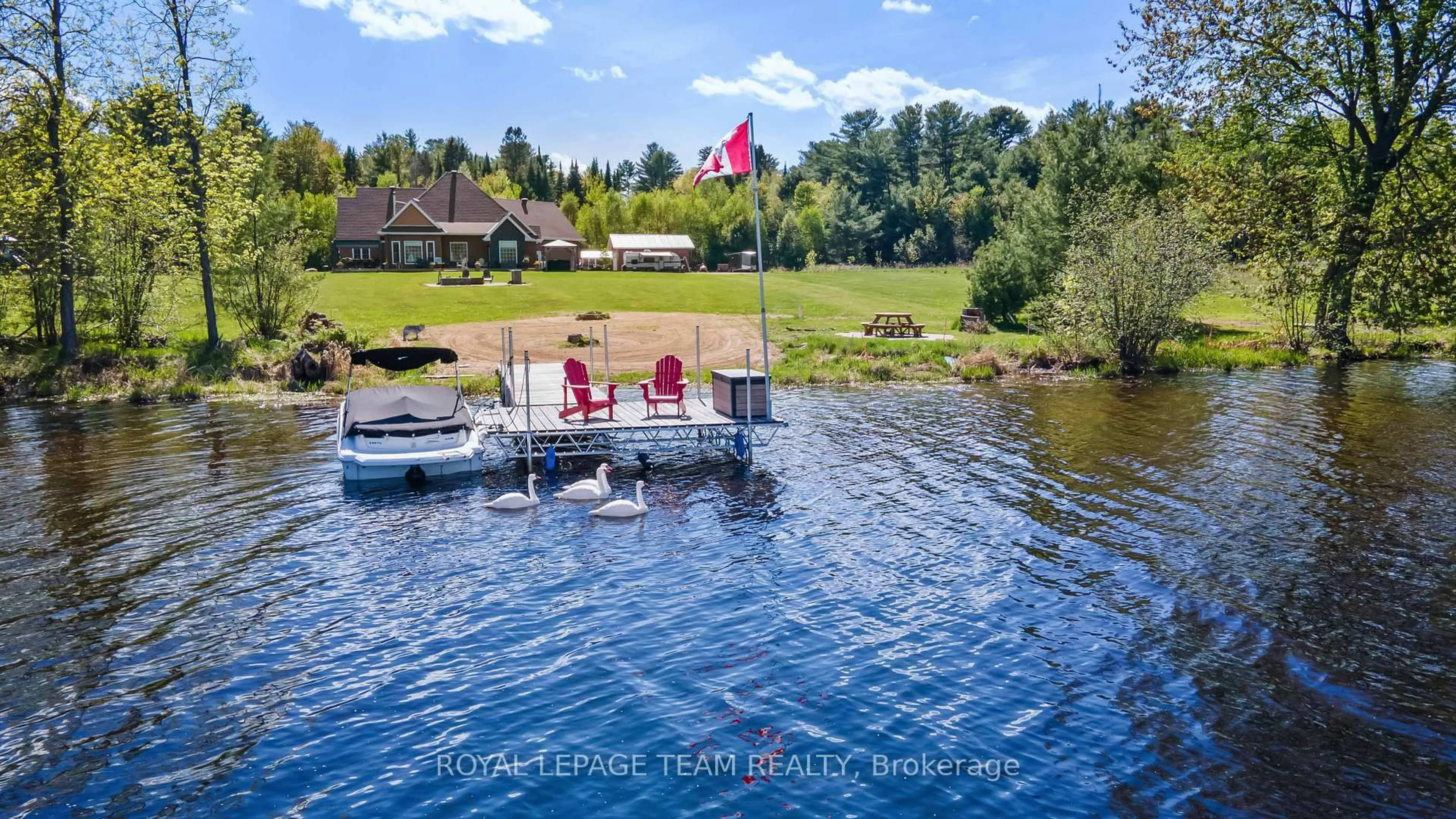 A pic from outside/outdoor area/front of a property/back of a property/a pic from drone, water/lake/river/ocean view for 43 Green Gate Lane, Golden Lake Ontario K0J 1X0