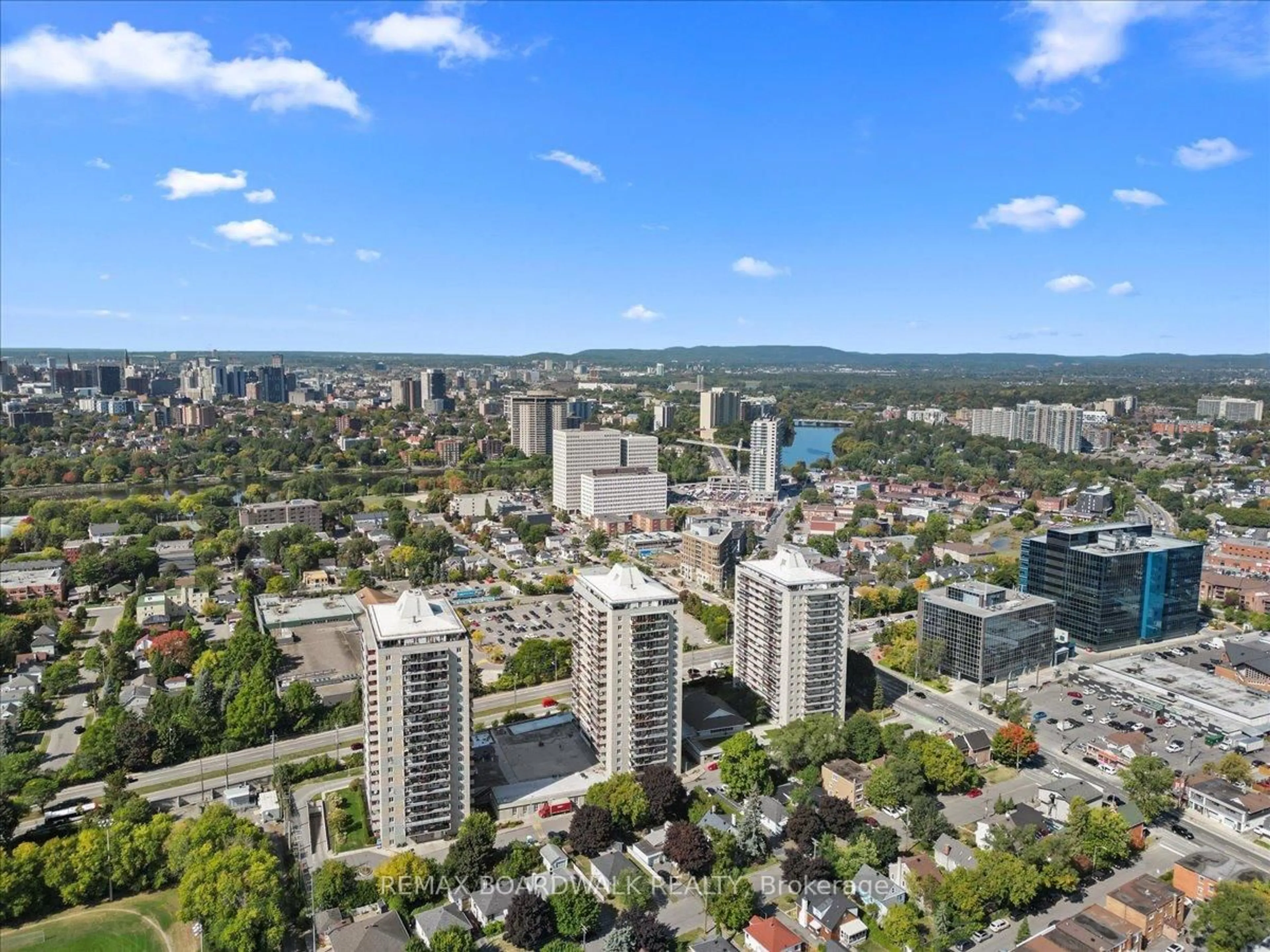 A pic from outside/outdoor area/front of a property/back of a property/a pic from drone, city buildings view from balcony for 158B McArthur Ave #1507, Ottawa Ontario K1L 8C9
