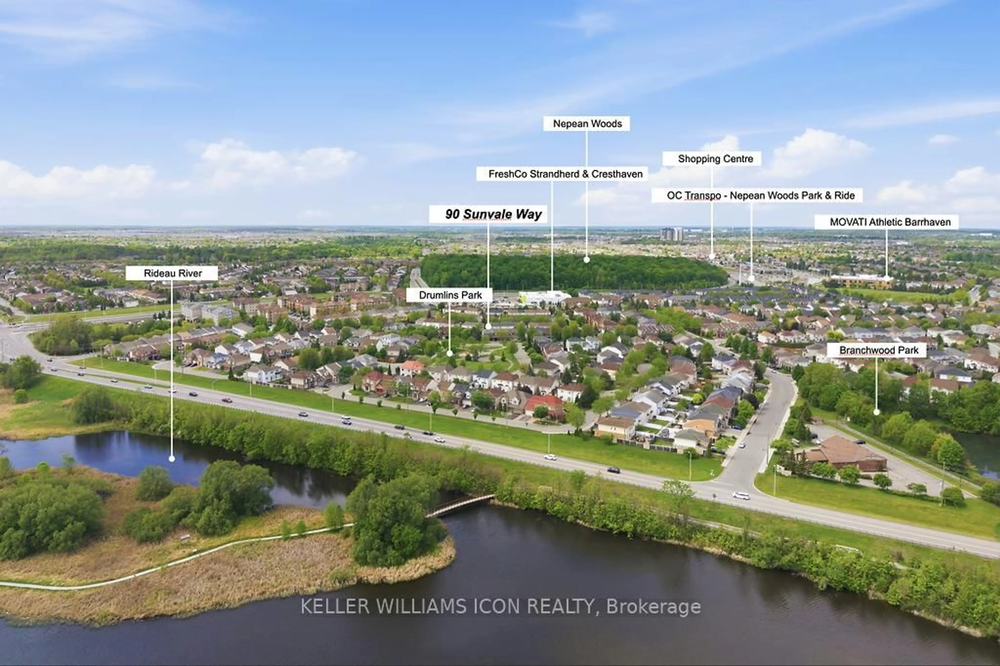 A pic from outside/outdoor area/front of a property/back of a property/a pic from drone, water/lake/river/ocean view for 90 Sunvale Way, Ottawa Ontario K2G 6X4