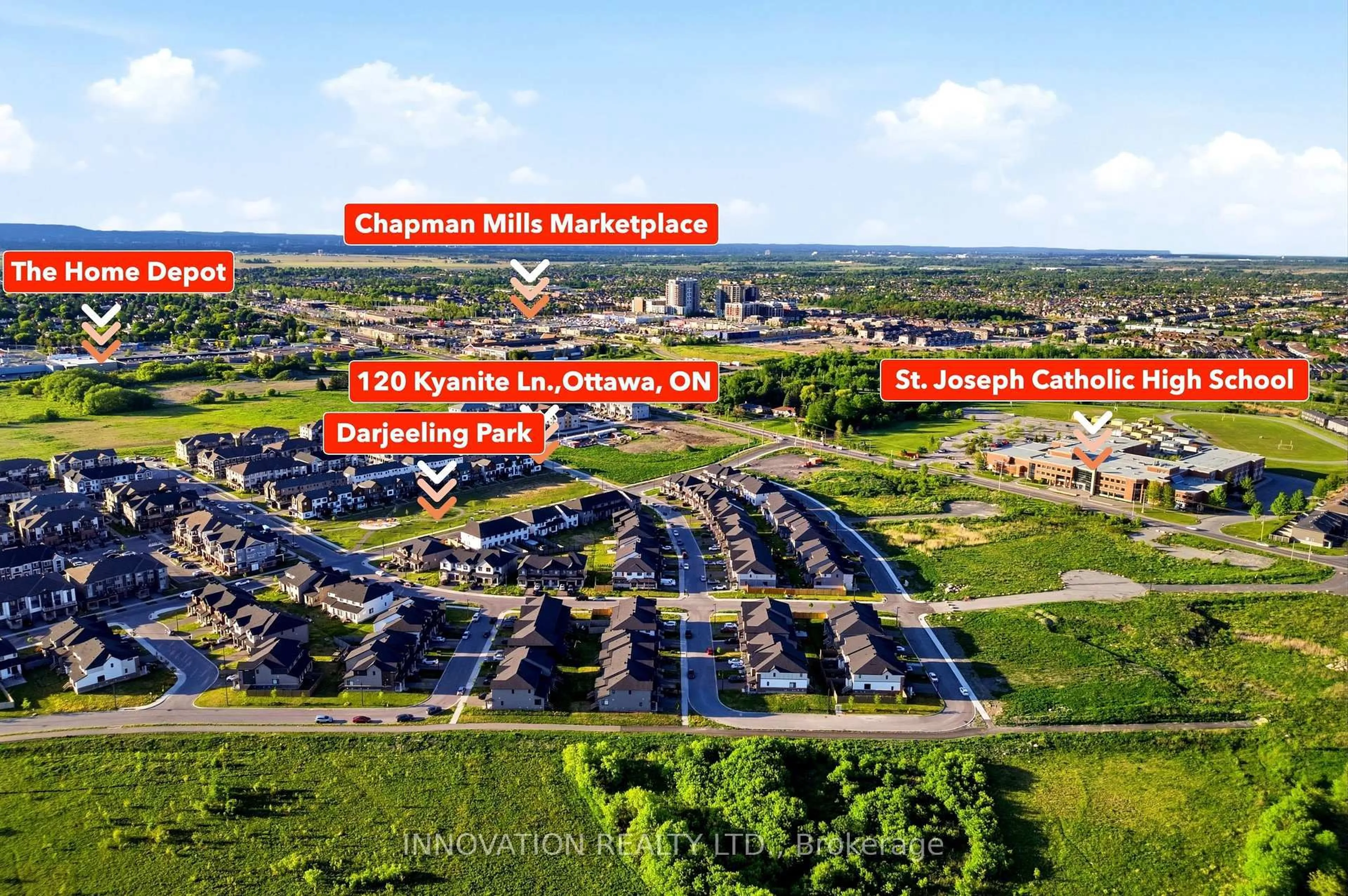 A pic from outside/outdoor area/front of a property/back of a property/a pic from drone, mountain view for 120 Kyanite Lane, Ottawa Ontario K2J 7B5