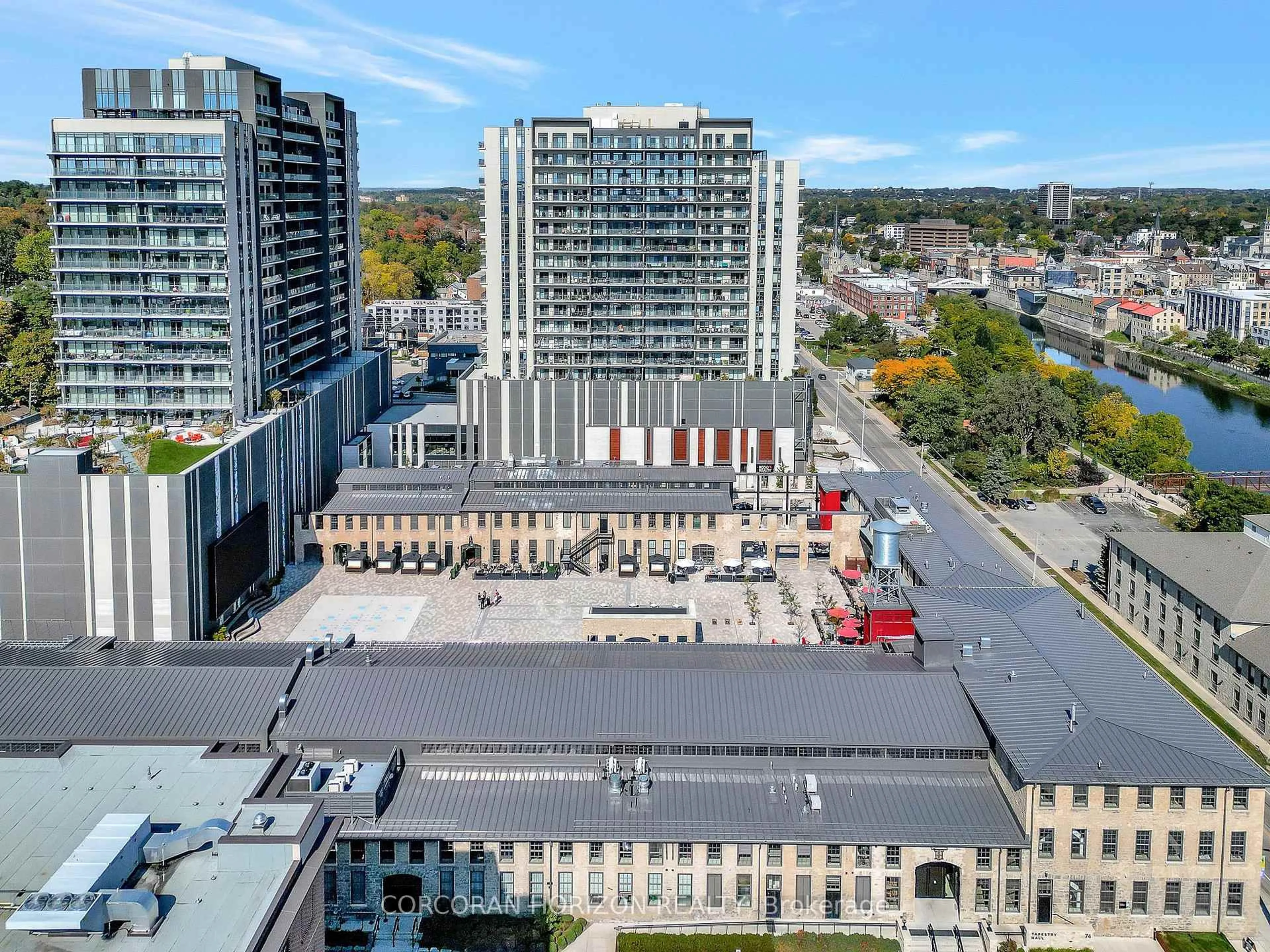 A pic from outside/outdoor area/front of a property/back of a property/a pic from drone, city buildings view from balcony for 50 Grand Ave #1013, Cambridge Ontario N1S 0C2