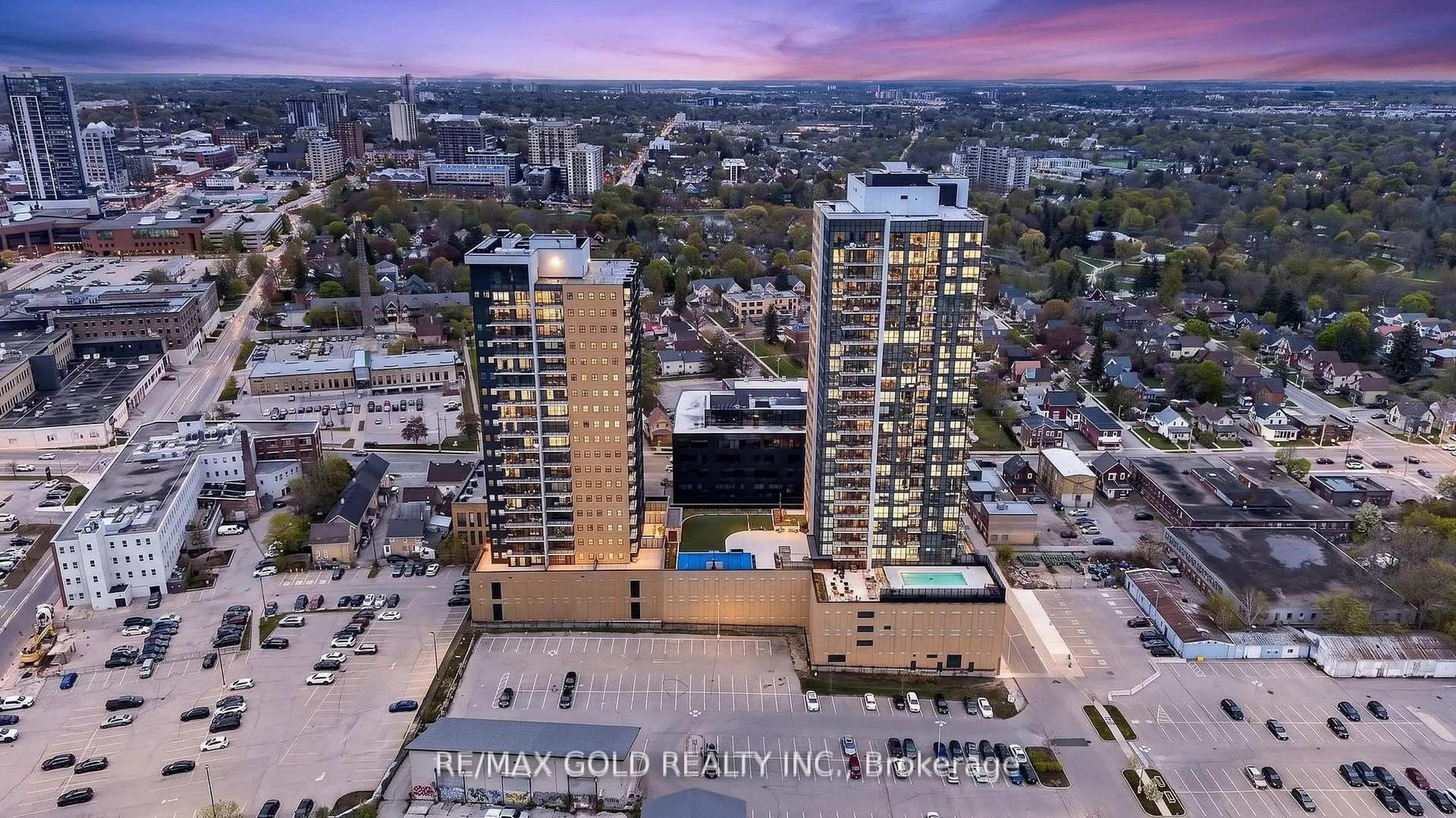 A pic from outside/outdoor area/front of a property/back of a property/a pic from drone, city buildings view from balcony for 104 Garment St #1010, Kitchener Ontario N2G 0C8