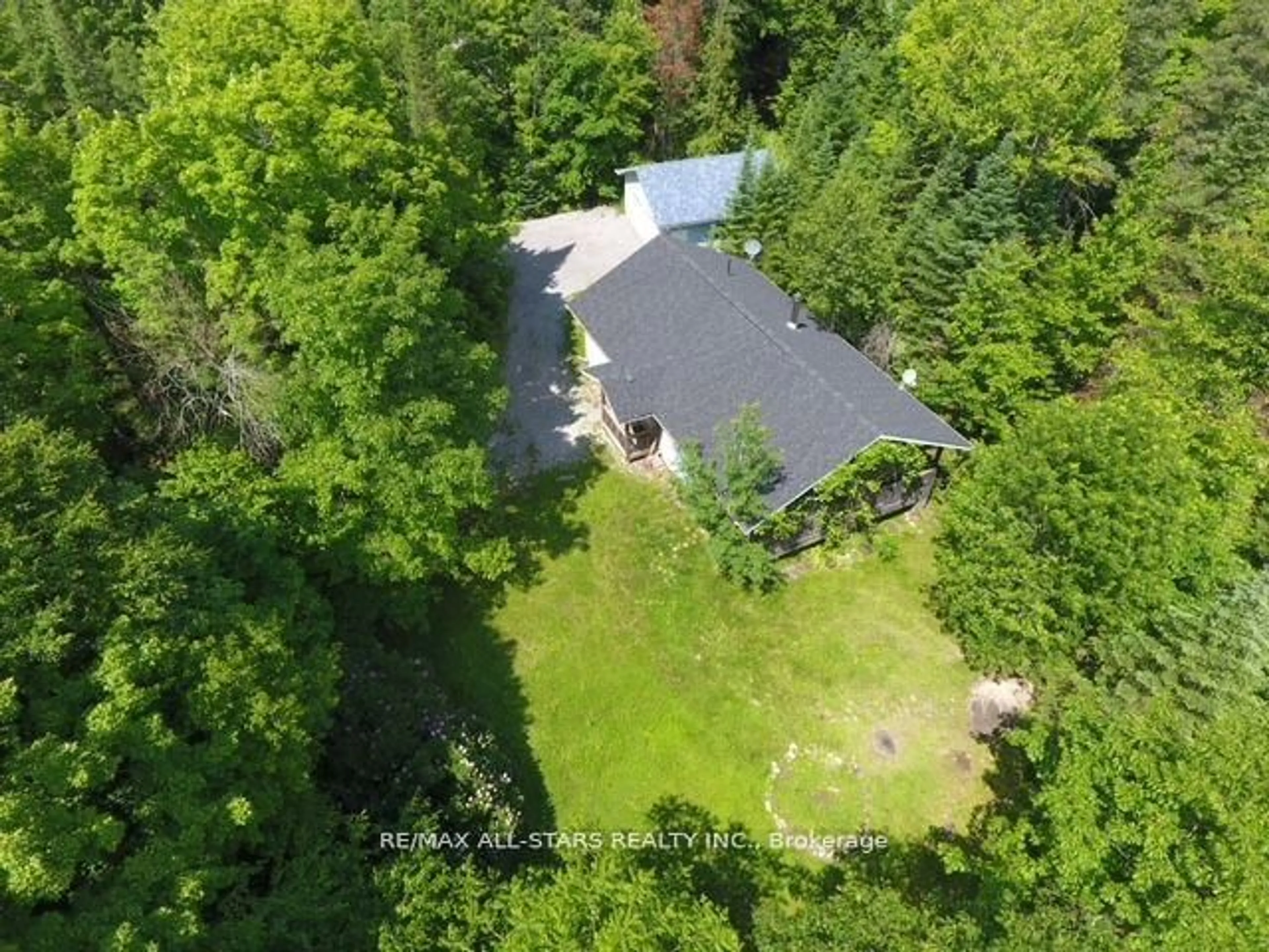 A pic from outside/outdoor area/front of a property/back of a property/a pic from drone, forest/trees view for 33 Edwina Dr, Trent Lakes Ontario K0M 1A0