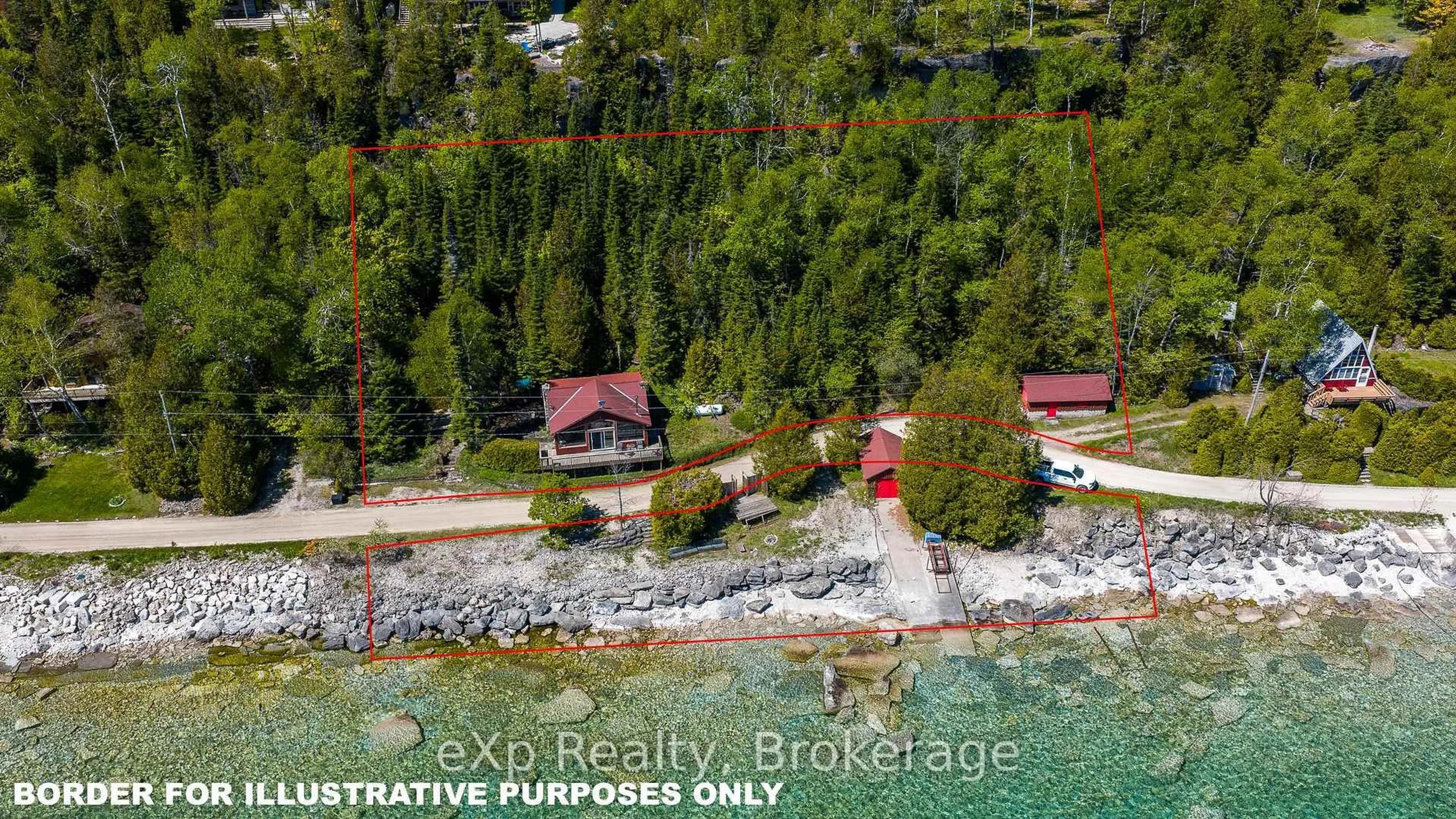 A pic from outside/outdoor area/front of a property/back of a property/a pic from drone, water/lake/river/ocean view for 155 North Shore Rd, Northern Bruce Peninsula Ontario N0H 1W0