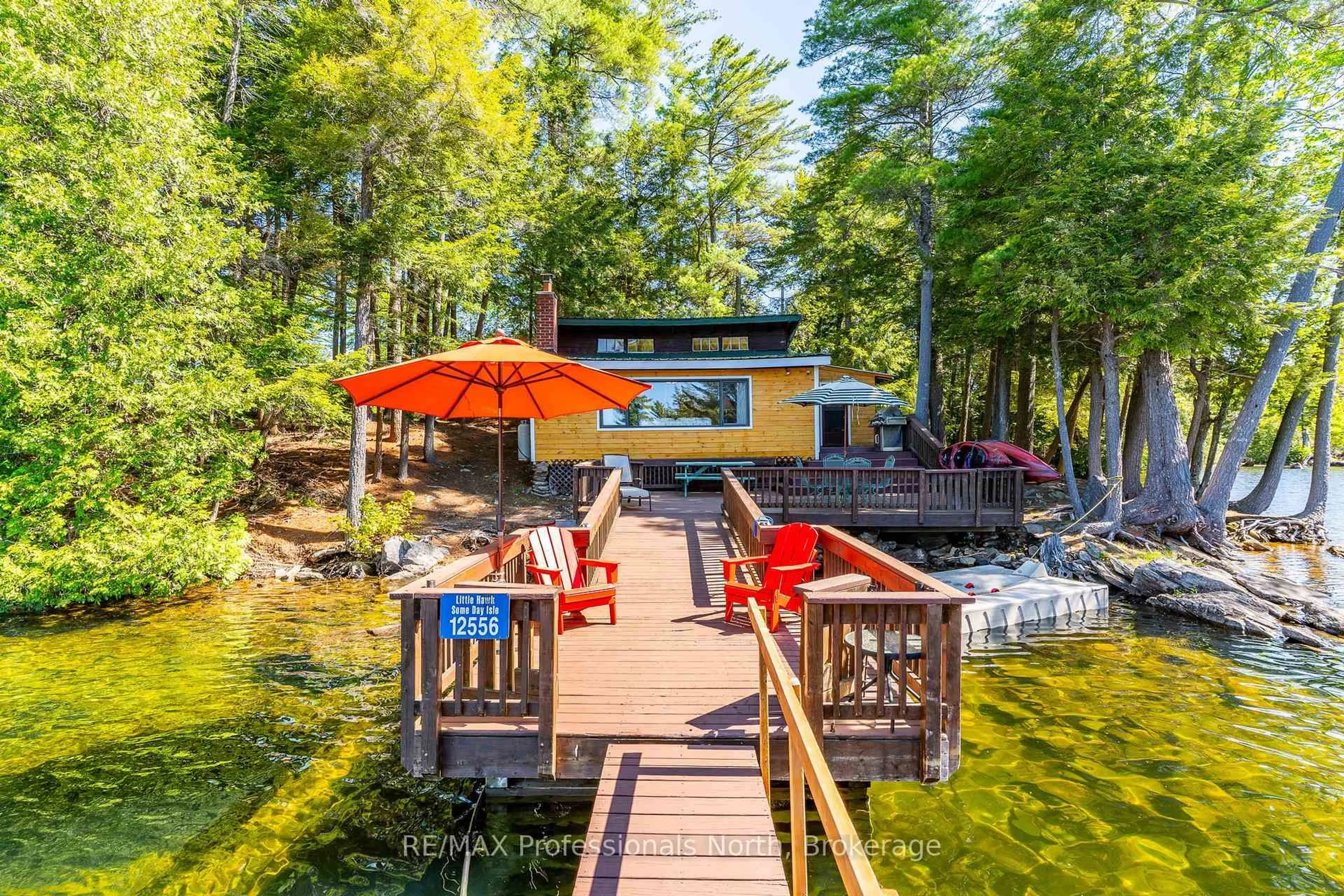 A pic from outside/outdoor area/front of a property/back of a property/a pic from drone, water/lake/river/ocean view for 12556 LITTLE HAWK - SOME DAY ISLE, Algonquin Highlands Ontario K0M 1J2