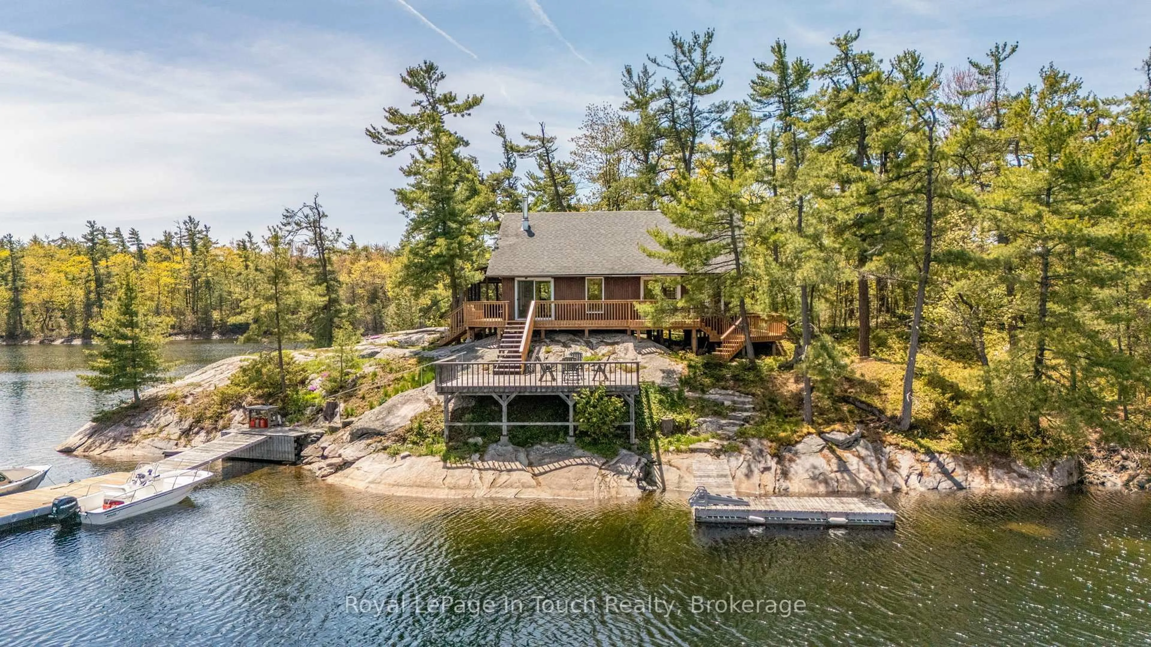 A pic from outside/outdoor area/front of a property/back of a property/a pic from drone, water/lake/river/ocean view for 1 GB468 Island, The Archipelago Ontario P2A 0B7