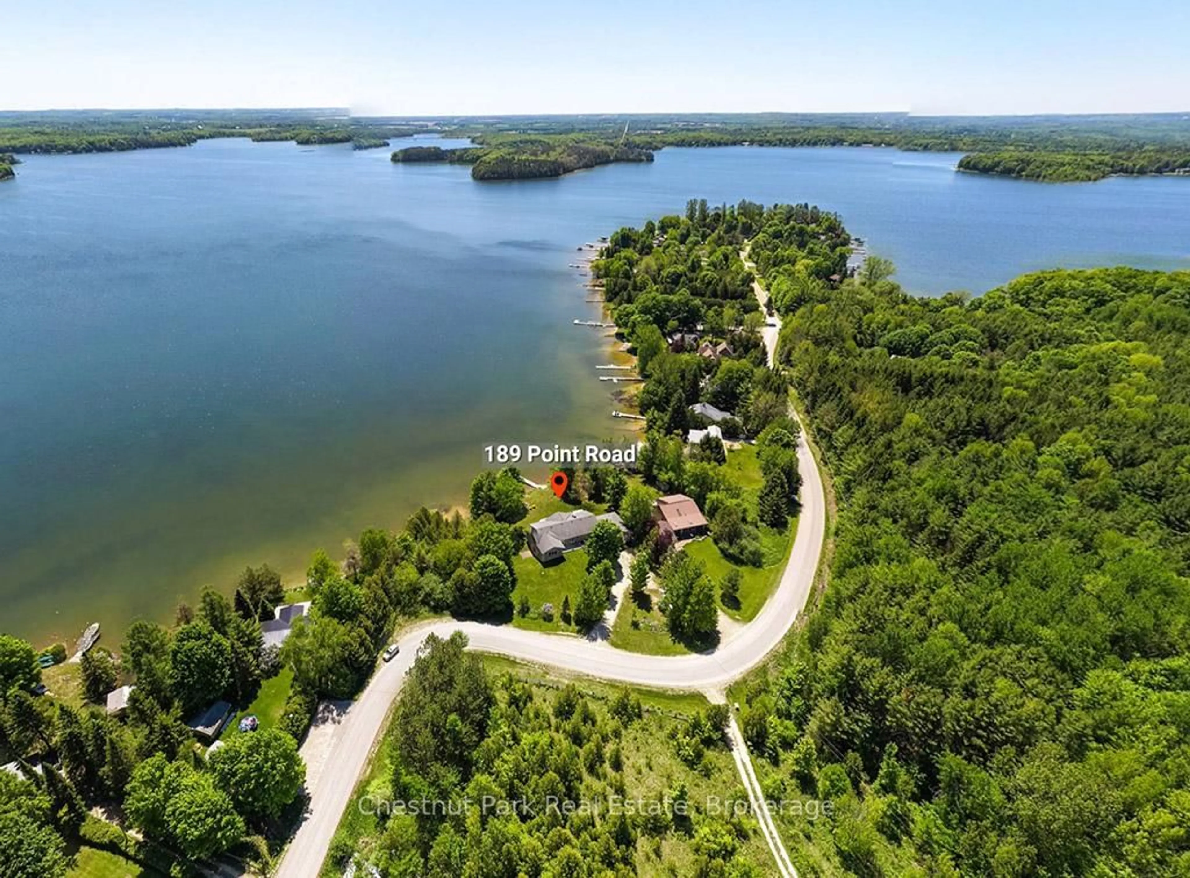 A pic from outside/outdoor area/front of a property/back of a property/a pic from drone, water/lake/river/ocean view for 189 Point Rd, Grey Highlands Ontario N0C 1E0