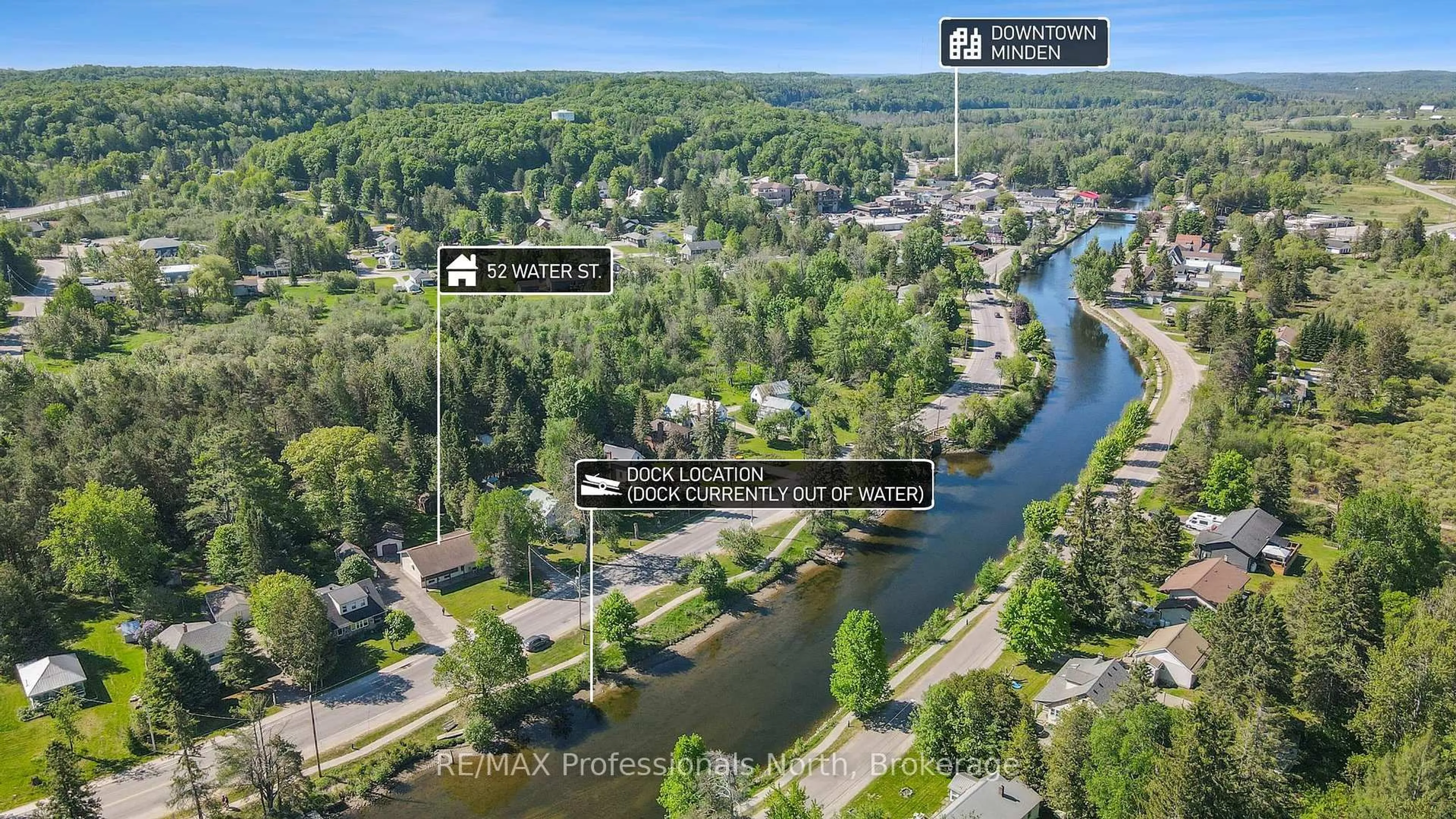 A pic from outside/outdoor area/front of a property/back of a property/a pic from drone, water/lake/river/ocean view for 52 South Water St, Minden Hills Ontario K0M 2K0