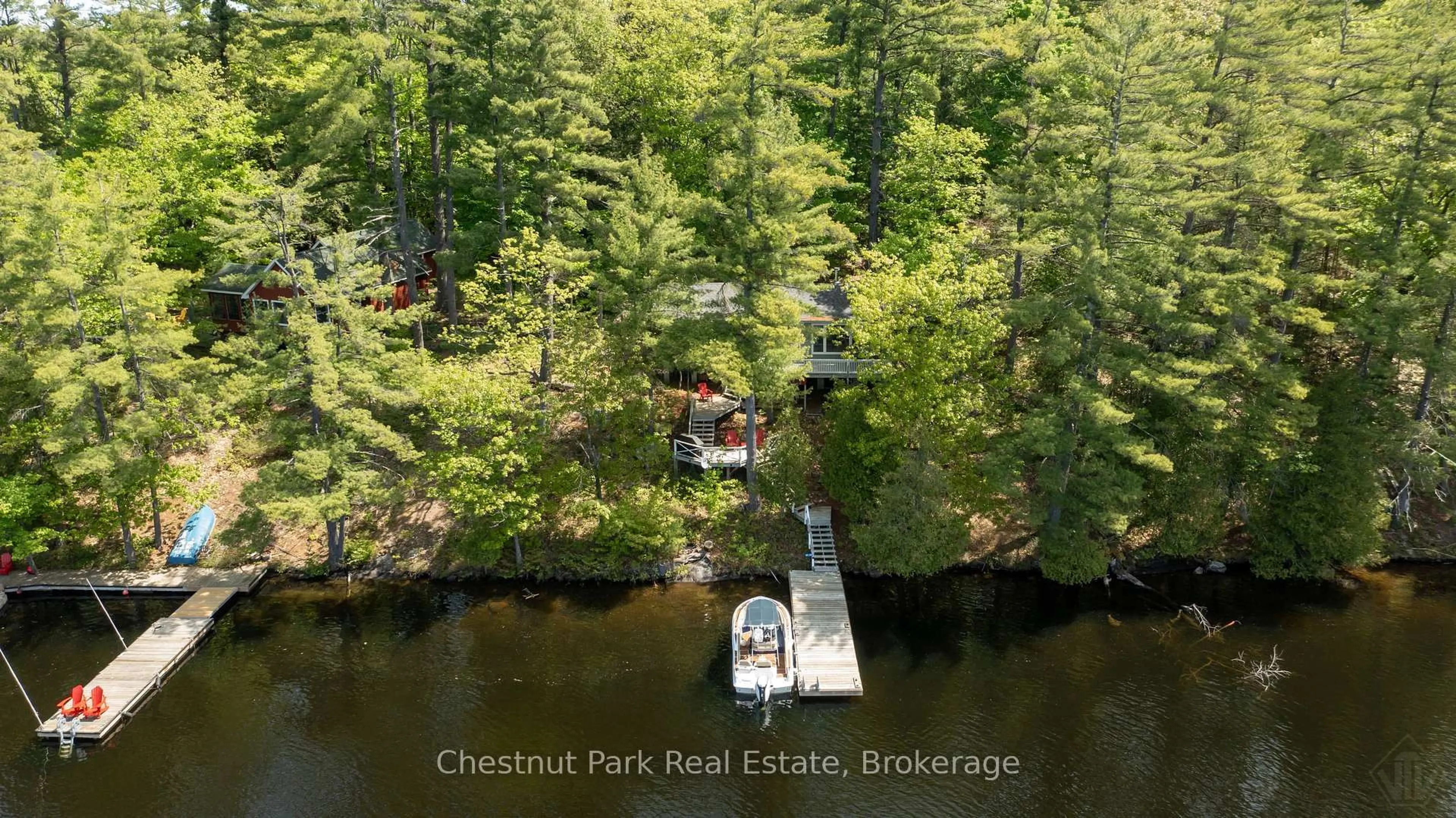 A pic from outside/outdoor area/front of a property/back of a property/a pic from drone, water/lake/river/ocean view for 85 Taylor Island, Gravenhurst Ontario P1P 1R2