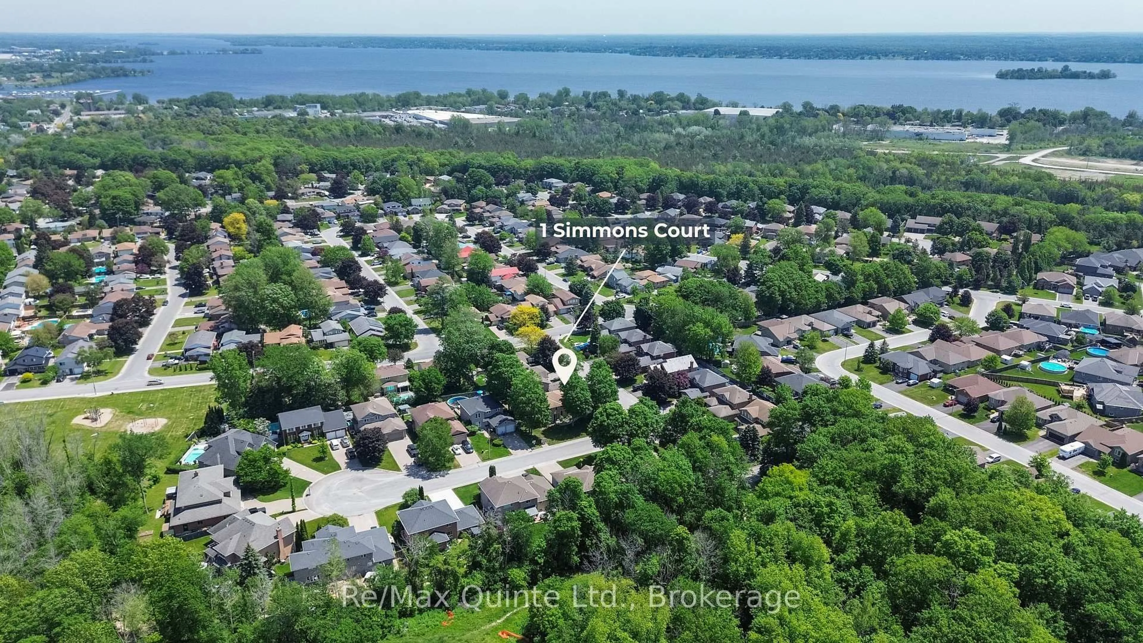 A pic from outside/outdoor area/front of a property/back of a property/a pic from drone, water/lake/river/ocean view for 1 Simmons Crt, Quinte West Ontario K8V 6M9