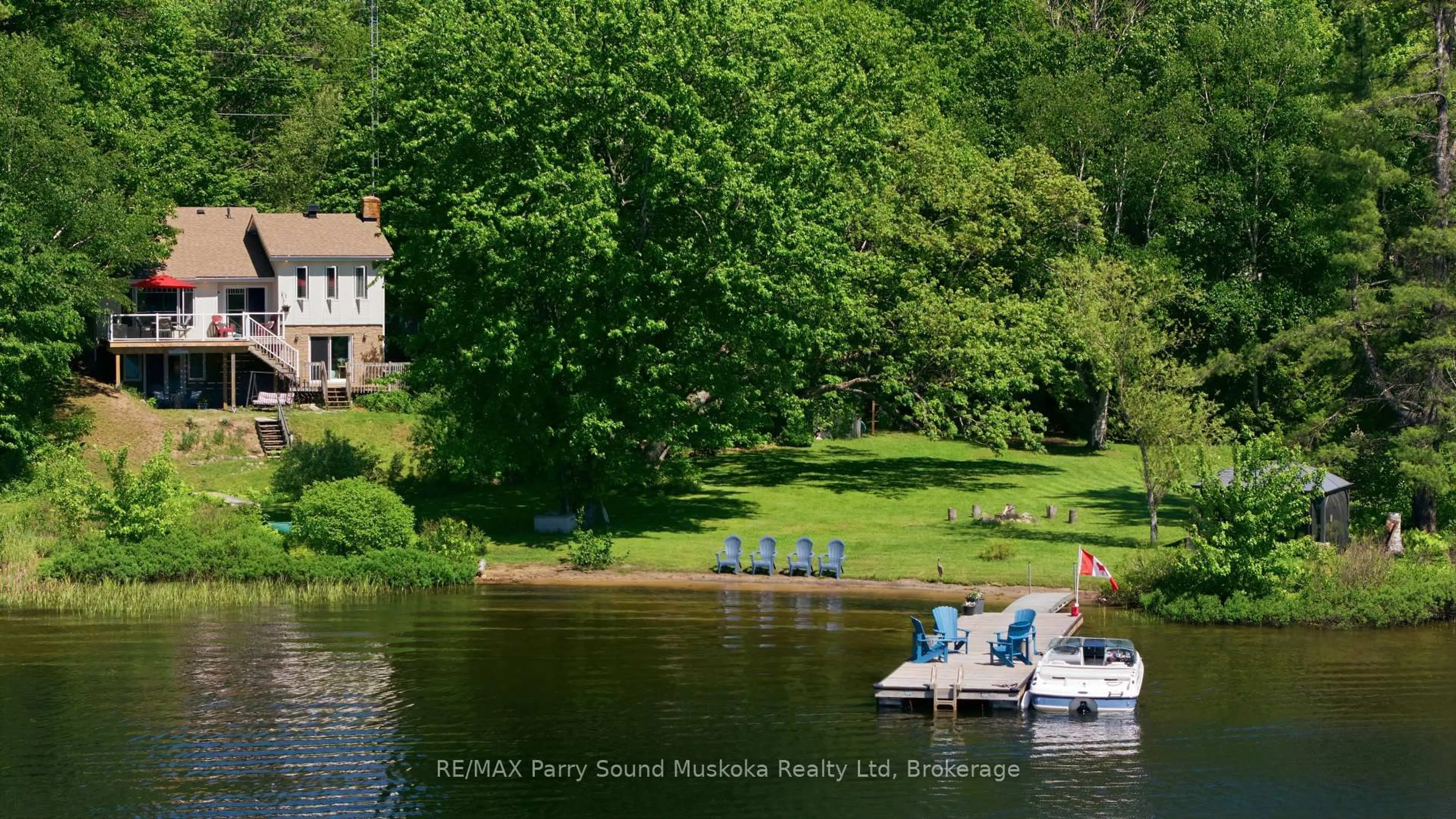 A pic from outside/outdoor area/front of a property/back of a property/a pic from drone, water/lake/river/ocean view for 15 Elsasser Rd, Seguin Ontario P2A 2W8