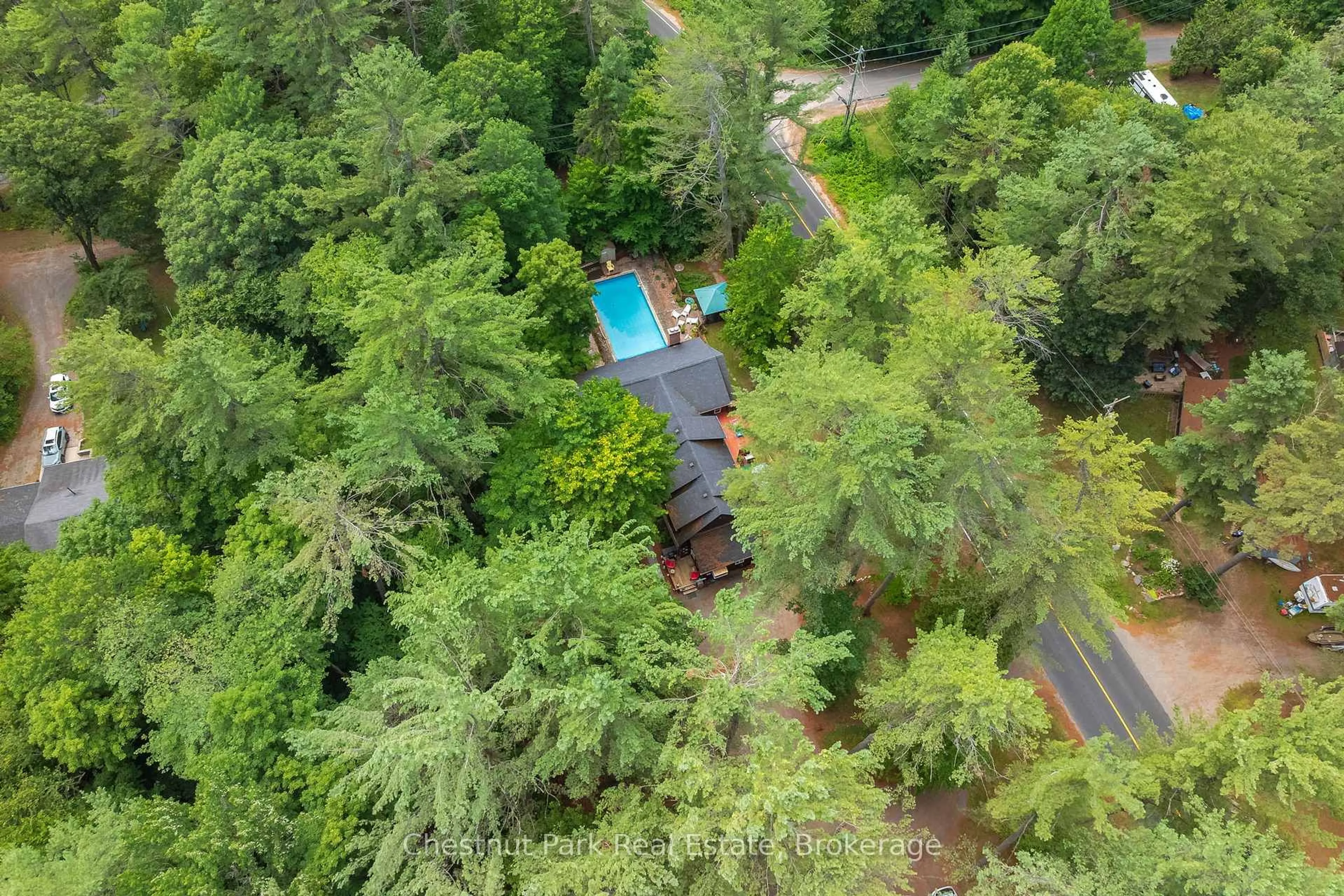 A pic from outside/outdoor area/front of a property/back of a property/a pic from drone, forest/trees view for 869 Muskoka Road 10, Huntsville Ontario P0B 1L0