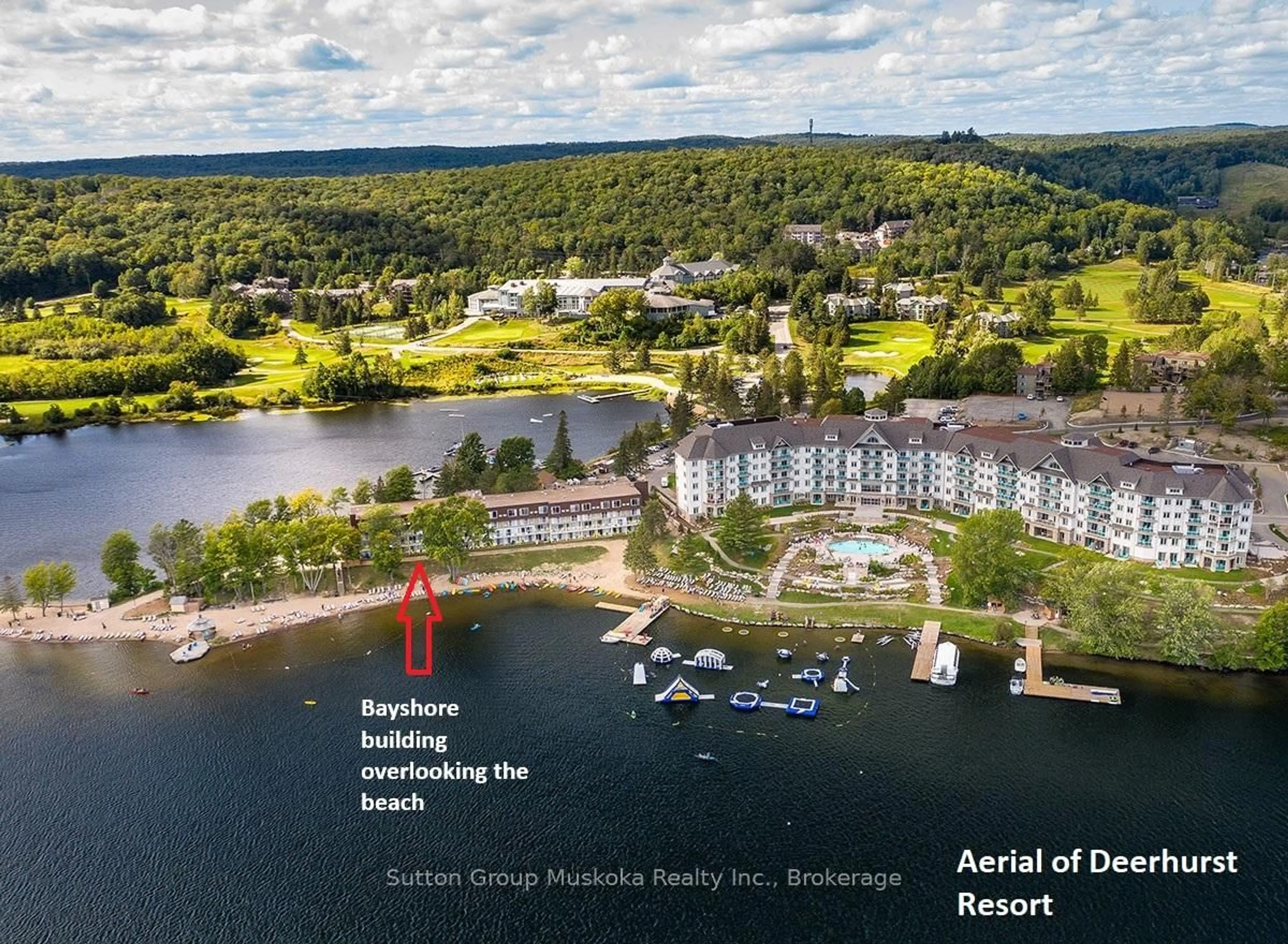 A pic from outside/outdoor area/front of a property/back of a property/a pic from drone, water/lake/river/ocean view for 402 Bayshore - Deerhurst Dr #402, Huntsville Ontario P1H 2E8