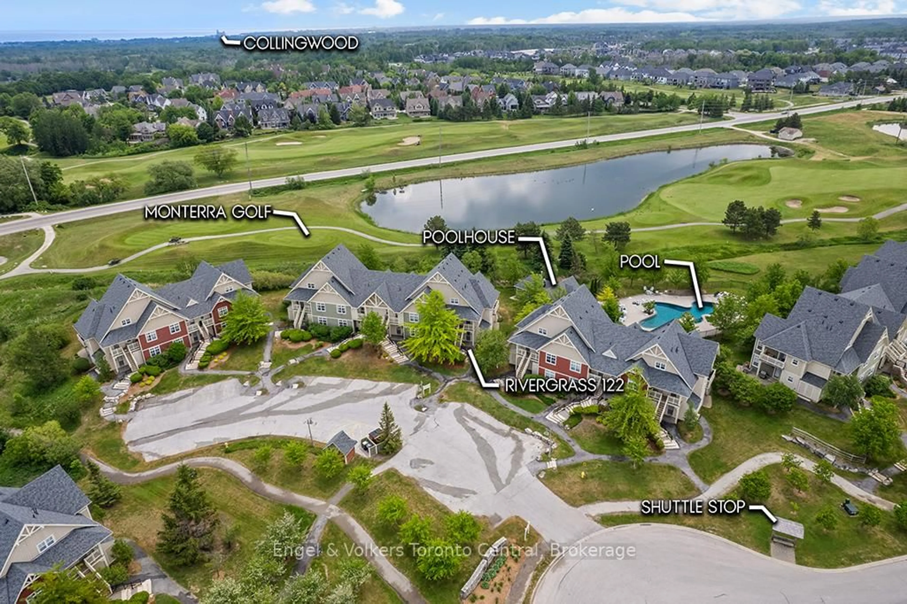 A pic from outside/outdoor area/front of a property/back of a property/a pic from drone, water/lake/river/ocean view for 125 Fairway Crt #122, Blue Mountains Ontario L9Y 0P8