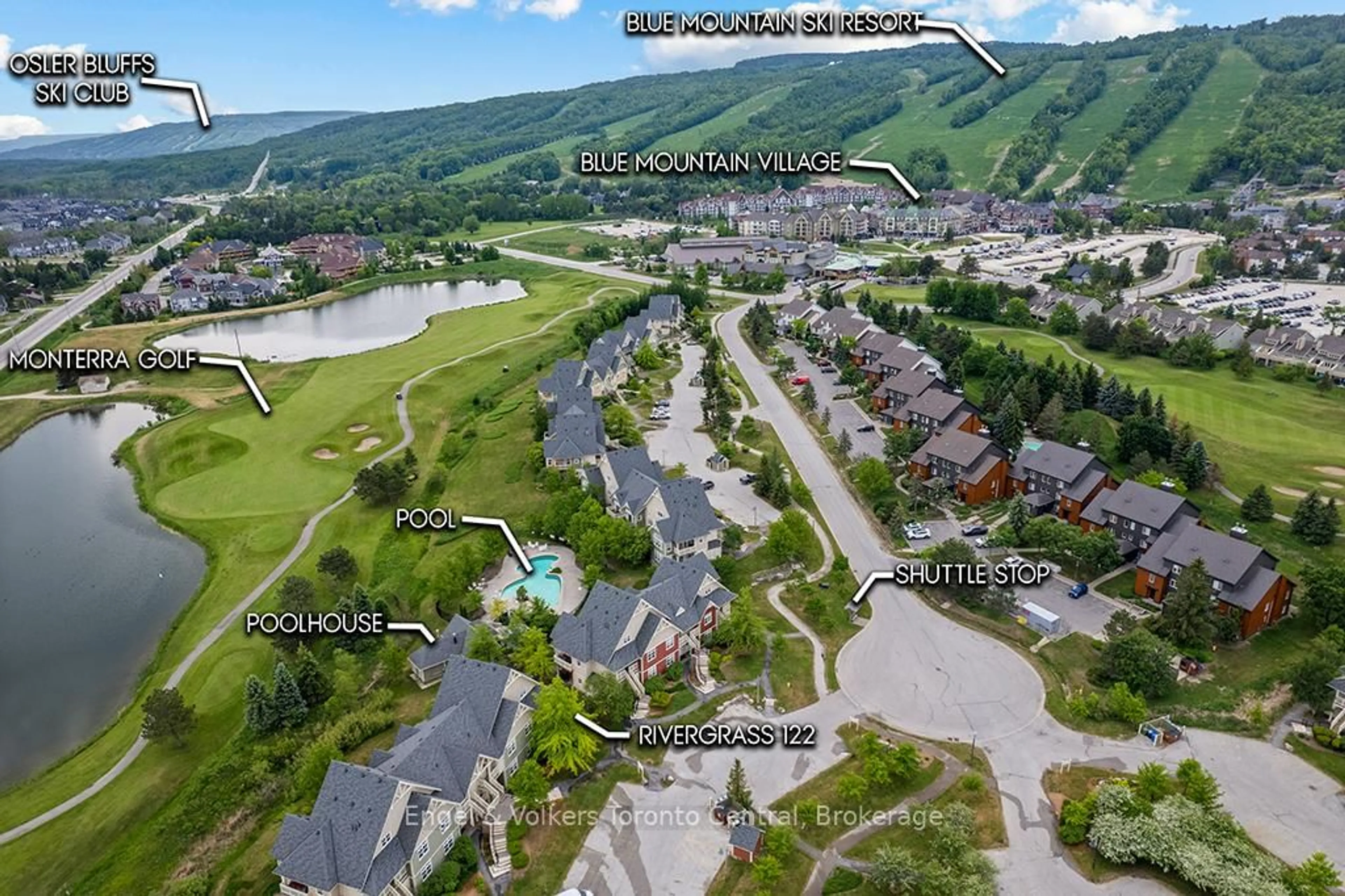 A pic from outside/outdoor area/front of a property/back of a property/a pic from drone, mountain view for 125 Fairway Crt #122, Blue Mountains Ontario L9Y 0P8