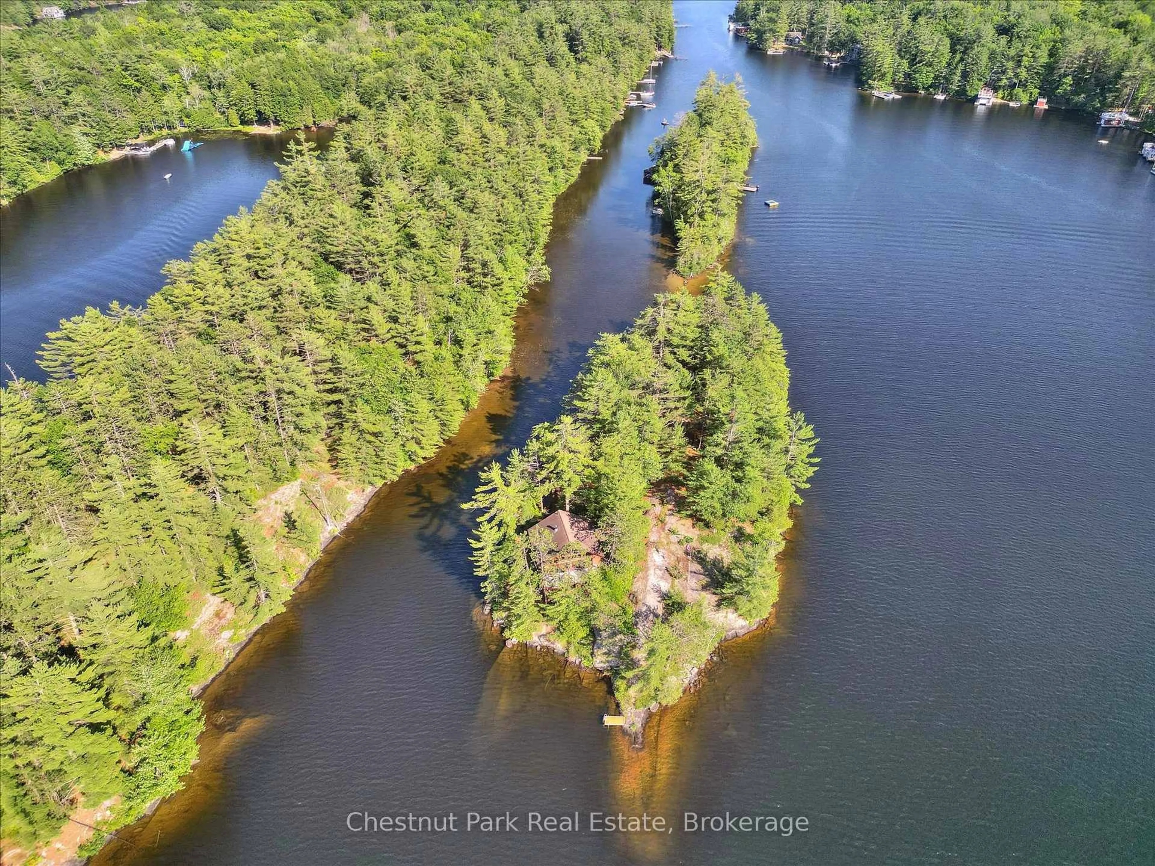 A pic from outside/outdoor area/front of a property/back of a property/a pic from drone, water/lake/river/ocean view for 1 Diamond Island, Gravenhurst Ontario P1P 1R3