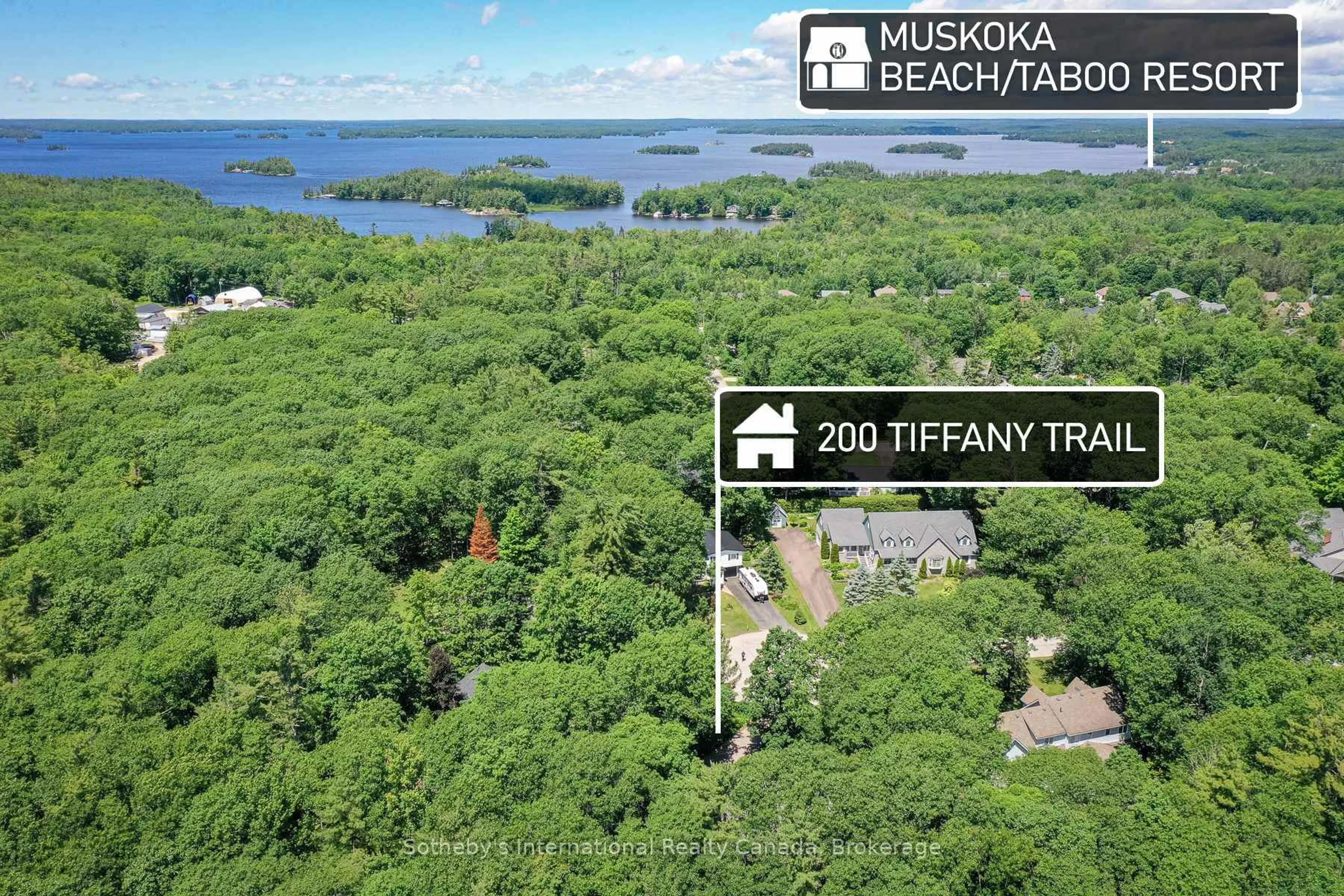 A pic from outside/outdoor area/front of a property/back of a property/a pic from drone, water/lake/river/ocean view for 200 Tiffany Tr, Gravenhurst Ontario P1P 1A6