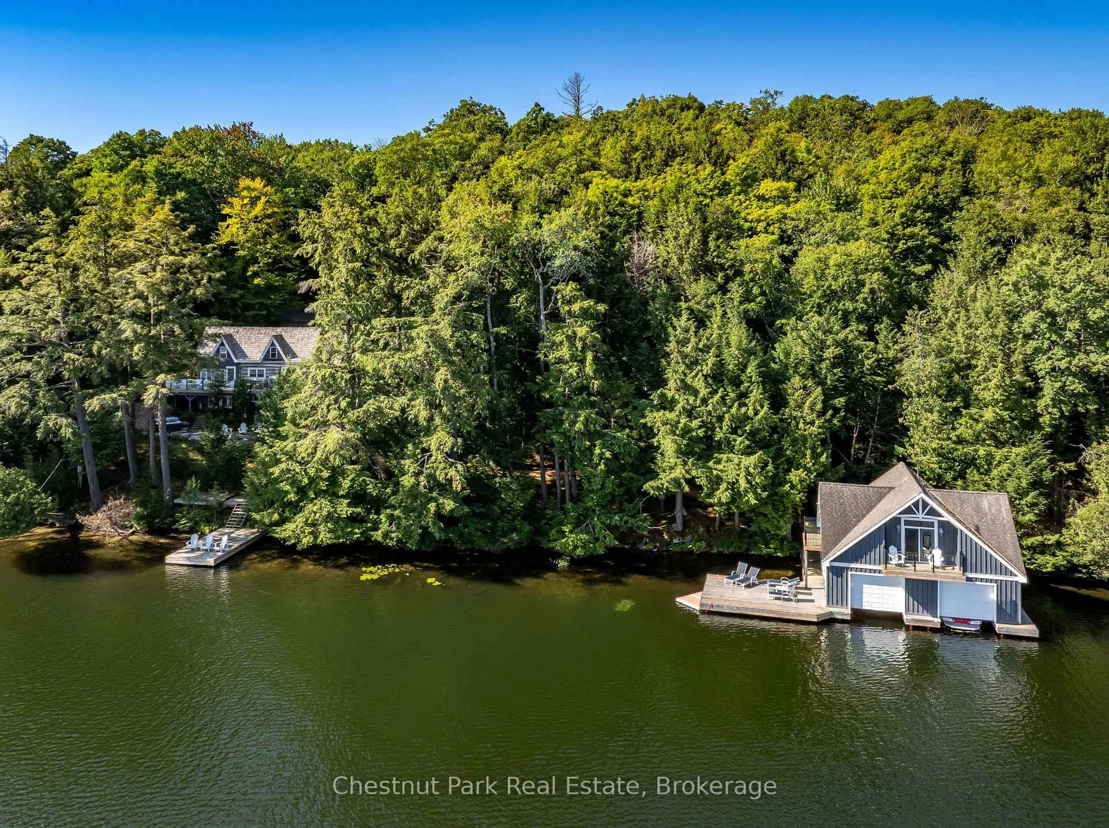 A pic from outside/outdoor area/front of a property/back of a property/a pic from drone, water/lake/river/ocean view for 16 Fern Rd, Seguin Ontario P0C 1J0