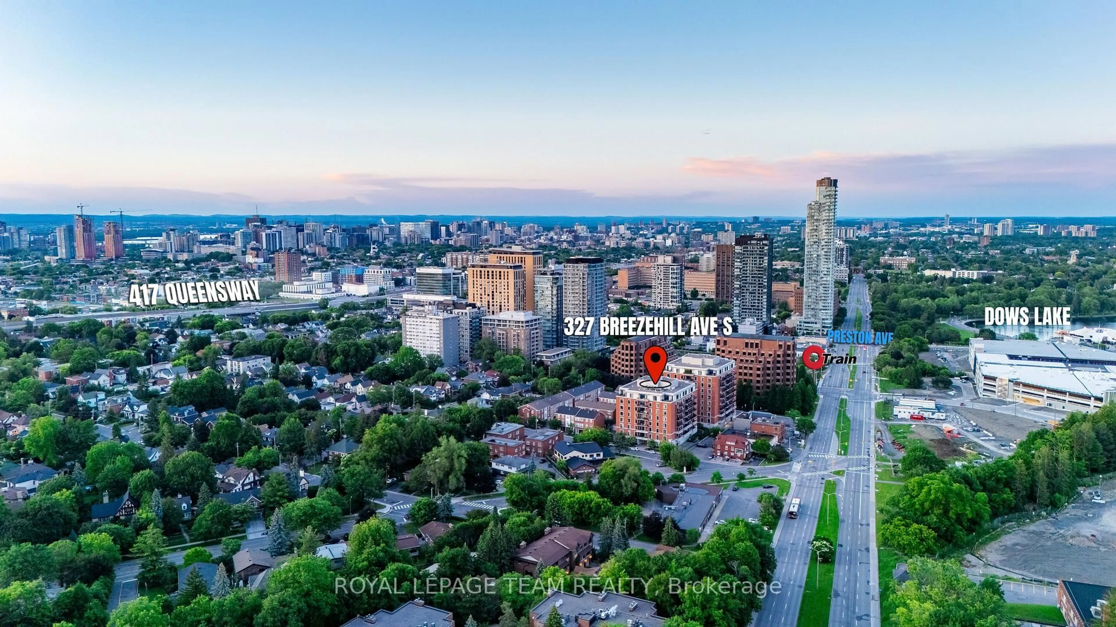 A pic from outside/outdoor area/front of a property/back of a property/a pic from drone, city buildings view from balcony for 327 Breezehill Ave #708, Ottawa Ontario K1Y 1R6