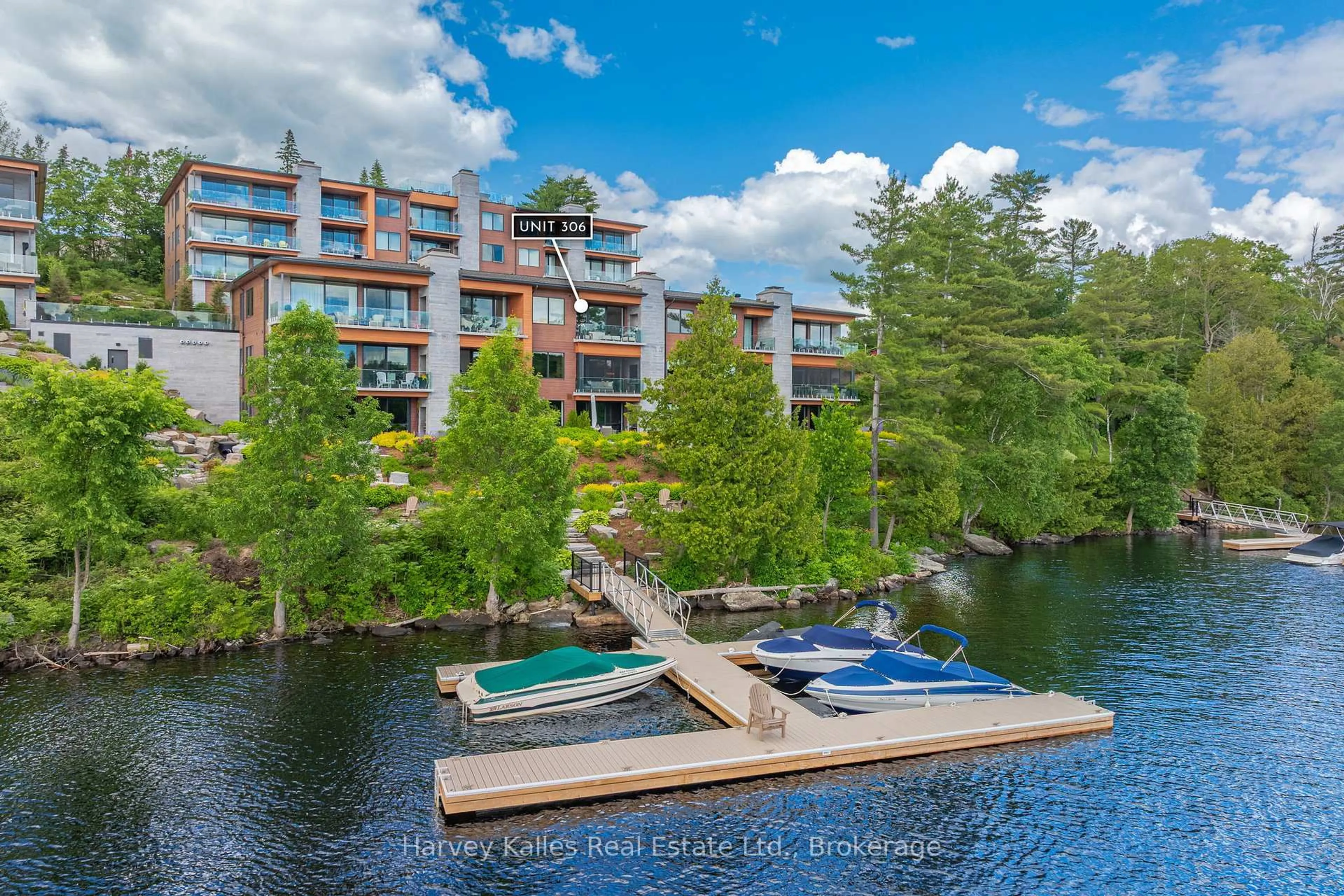 A pic from outside/outdoor area/front of a property/back of a property/a pic from drone, water/lake/river/ocean view for 727 Grandview Dr #306, Huntsville Ontario P1H 1B2