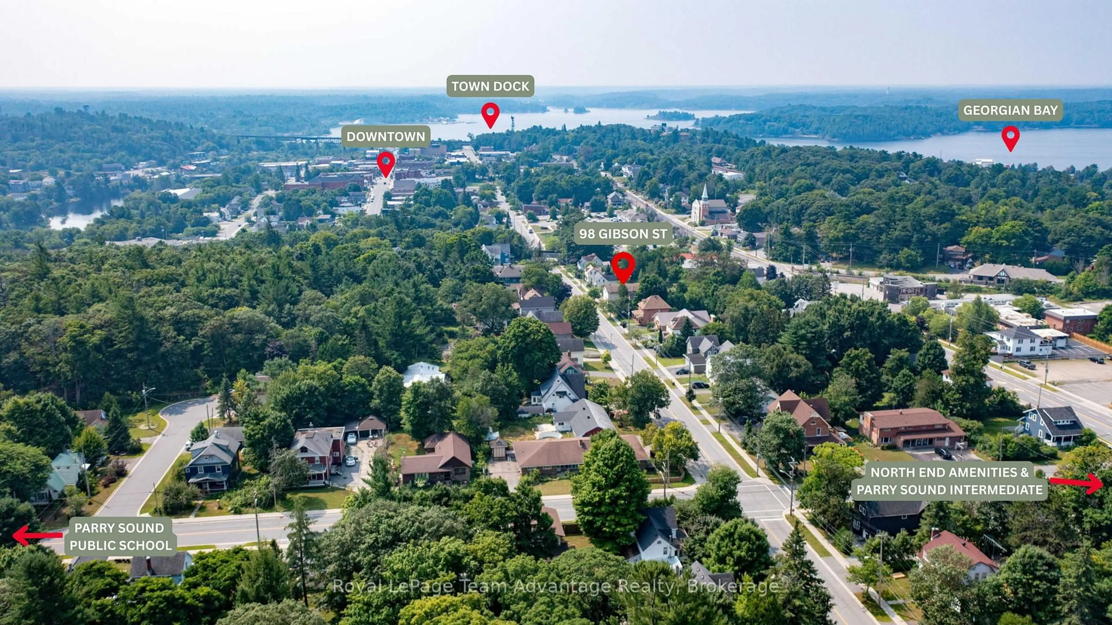 A pic from outside/outdoor area/front of a property/back of a property/a pic from drone, water/lake/river/ocean view for 98 Gibson St, Parry Sound Ontario P2A 1X5
