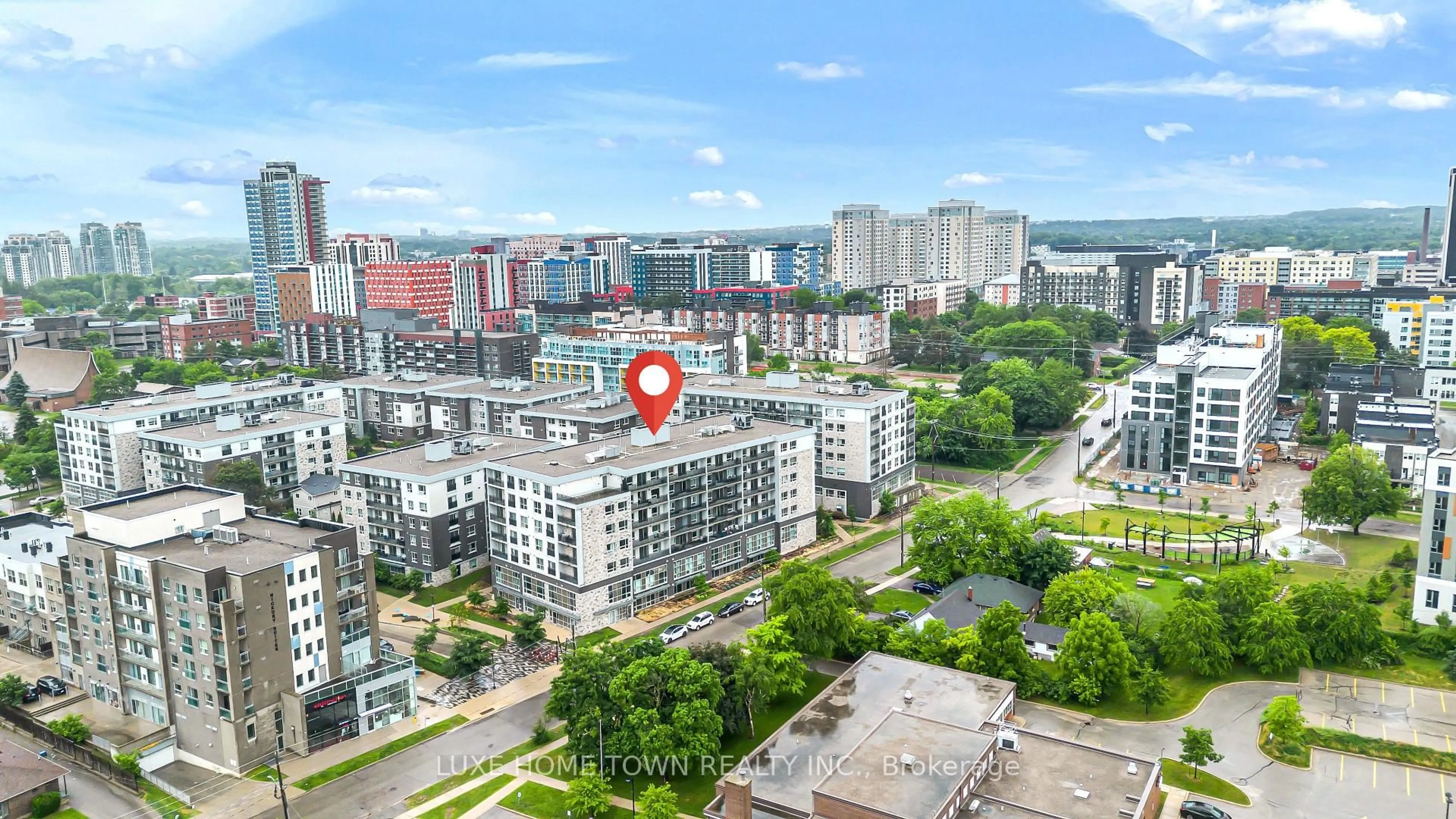 A pic from outside/outdoor area/front of a property/back of a property/a pic from drone, city buildings view from balcony for 275 Larch St #G104, Waterloo Ontario N2L 3R2