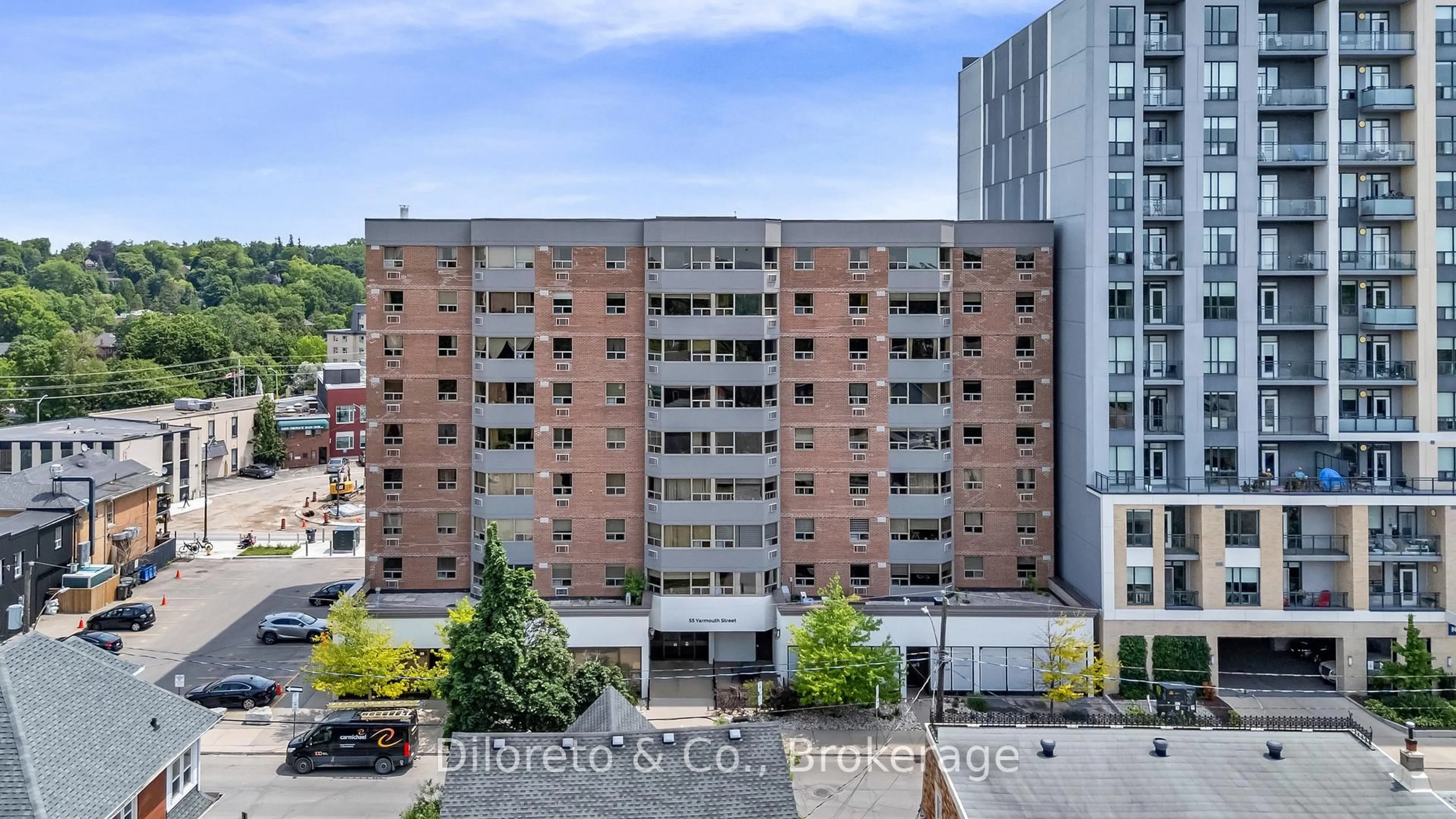 A pic from outside/outdoor area/front of a property/back of a property/a pic from drone, city buildings view from balcony for 55 Yarmouth St #503, Guelph Ontario N1H 7R4