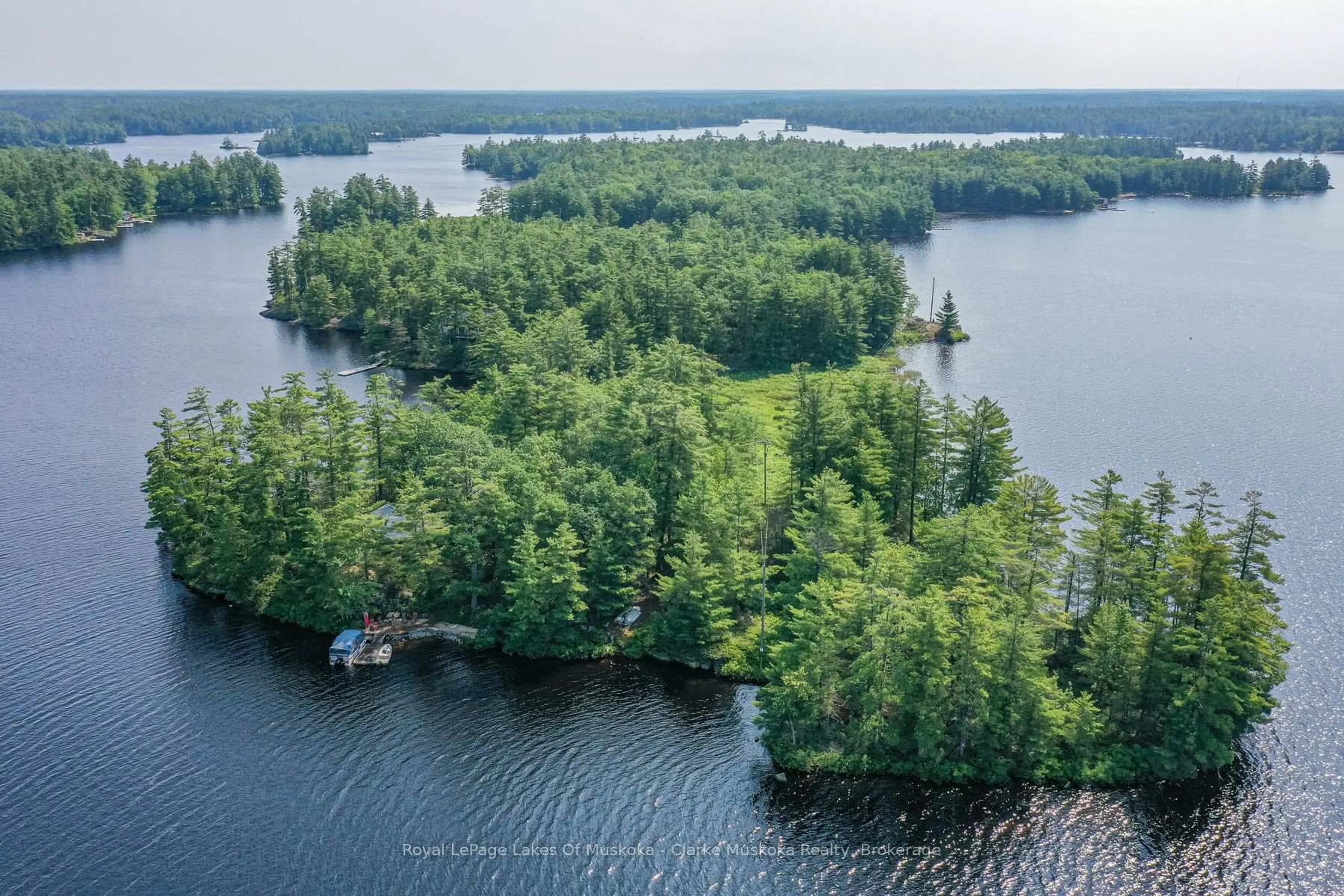 A pic from outside/outdoor area/front of a property/back of a property/a pic from drone, water/lake/river/ocean view for 18 5KL Island Kahshe Lake, Gravenhurst Ontario P0E 1G0