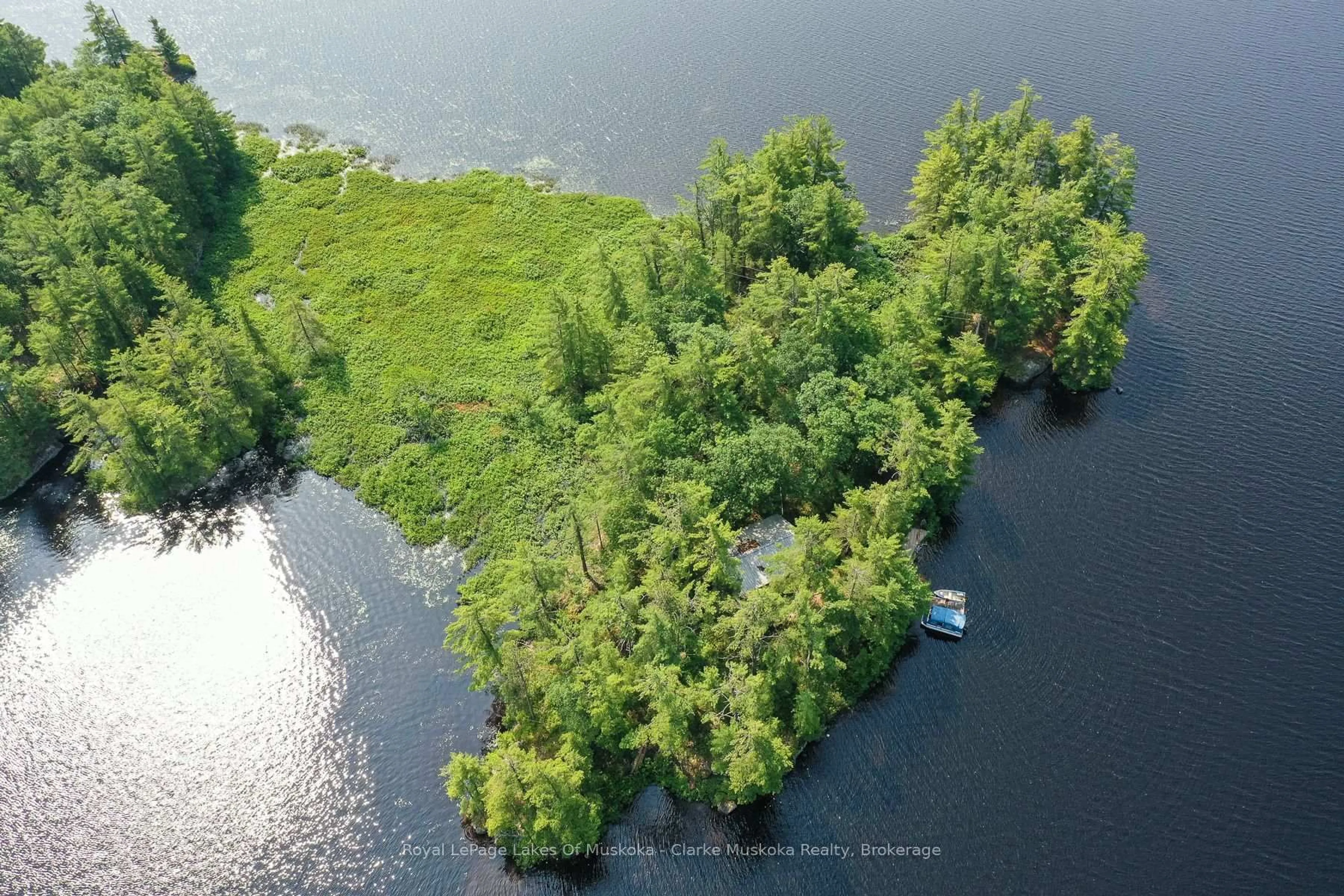 A pic from outside/outdoor area/front of a property/back of a property/a pic from drone, water/lake/river/ocean view for 18 5KL Island Kahshe Lake, Gravenhurst Ontario P0E 1G0