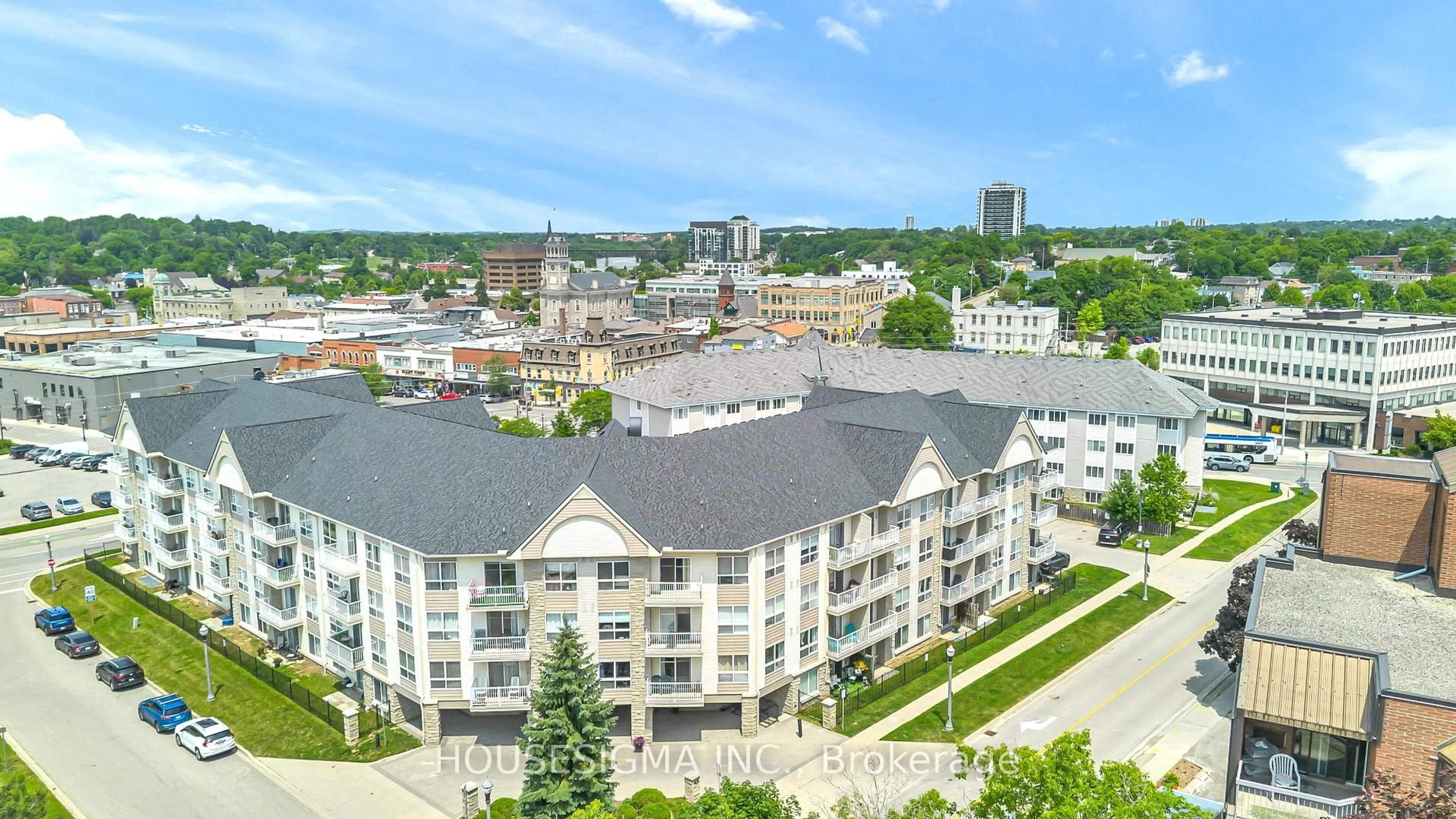 A pic from outside/outdoor area/front of a property/back of a property/a pic from drone, city buildings view from balcony for 8 Harris St #207, Cambridge Ontario N1R 8R1