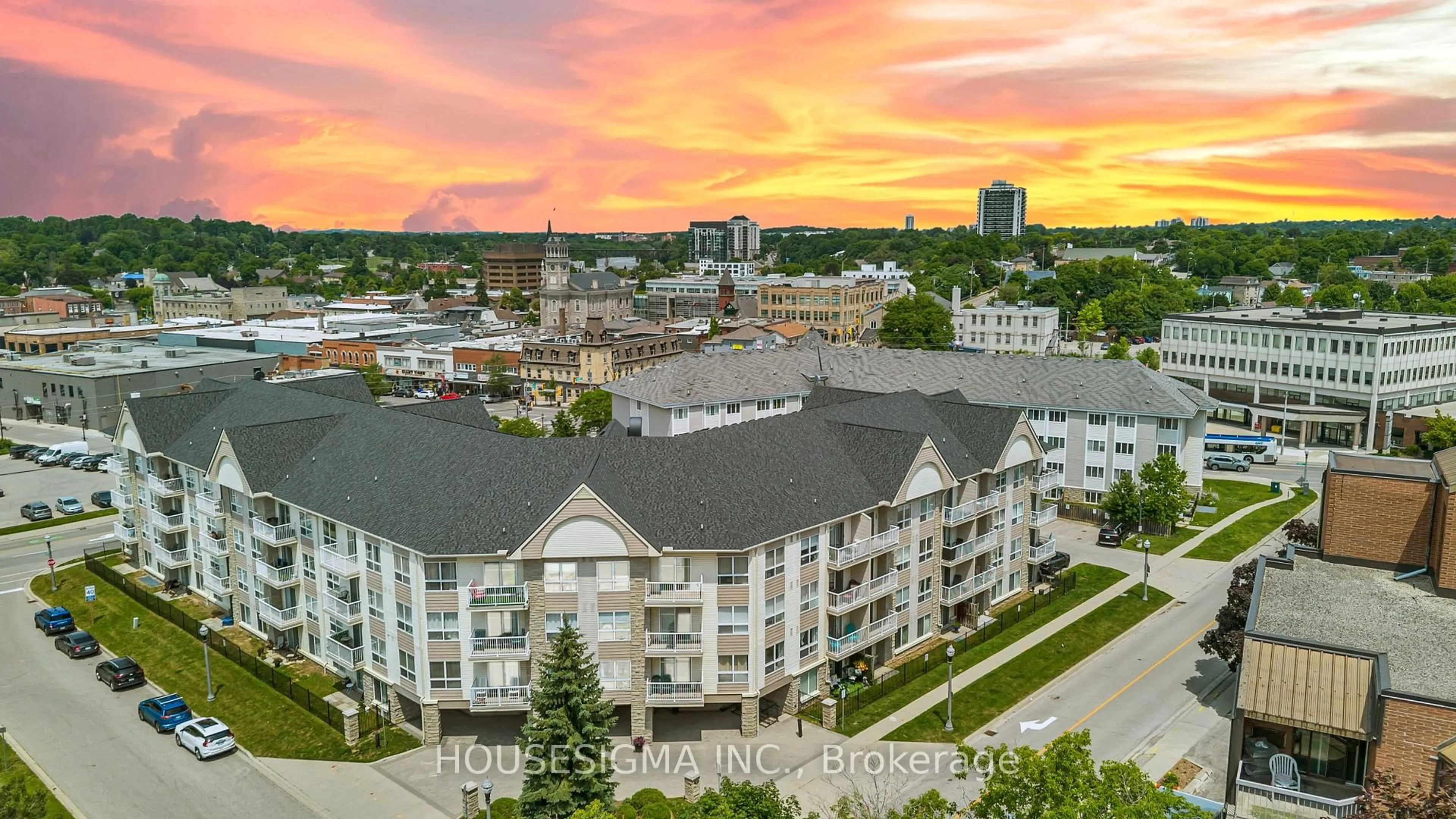 A pic from outside/outdoor area/front of a property/back of a property/a pic from drone, city buildings view from balcony for 8 Harris St #207, Cambridge Ontario N1R 8R1