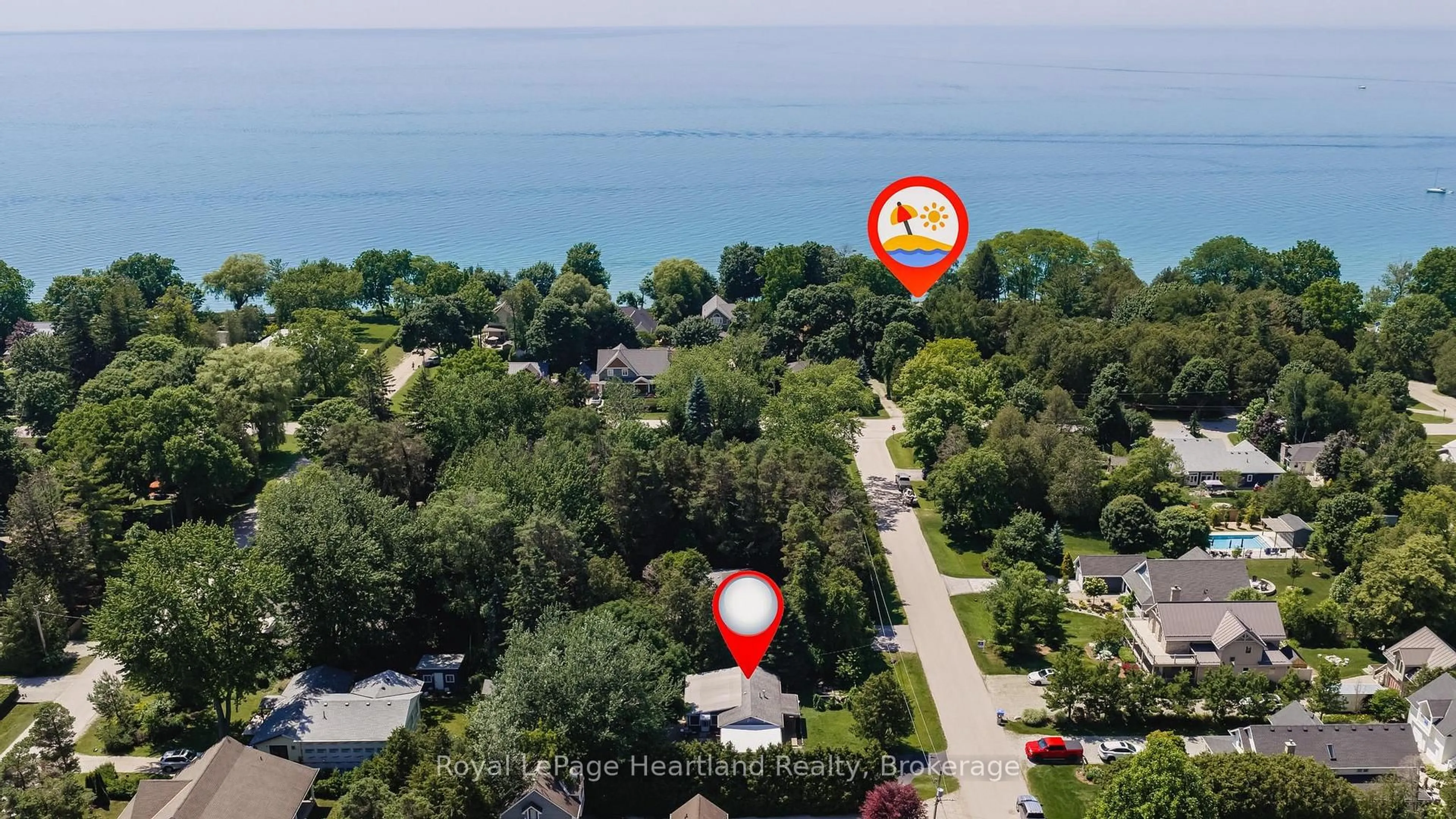 A pic from outside/outdoor area/front of a property/back of a property/a pic from drone, water/lake/river/ocean view for 36 Jane St, Bluewater Ontario N0M 1G0
