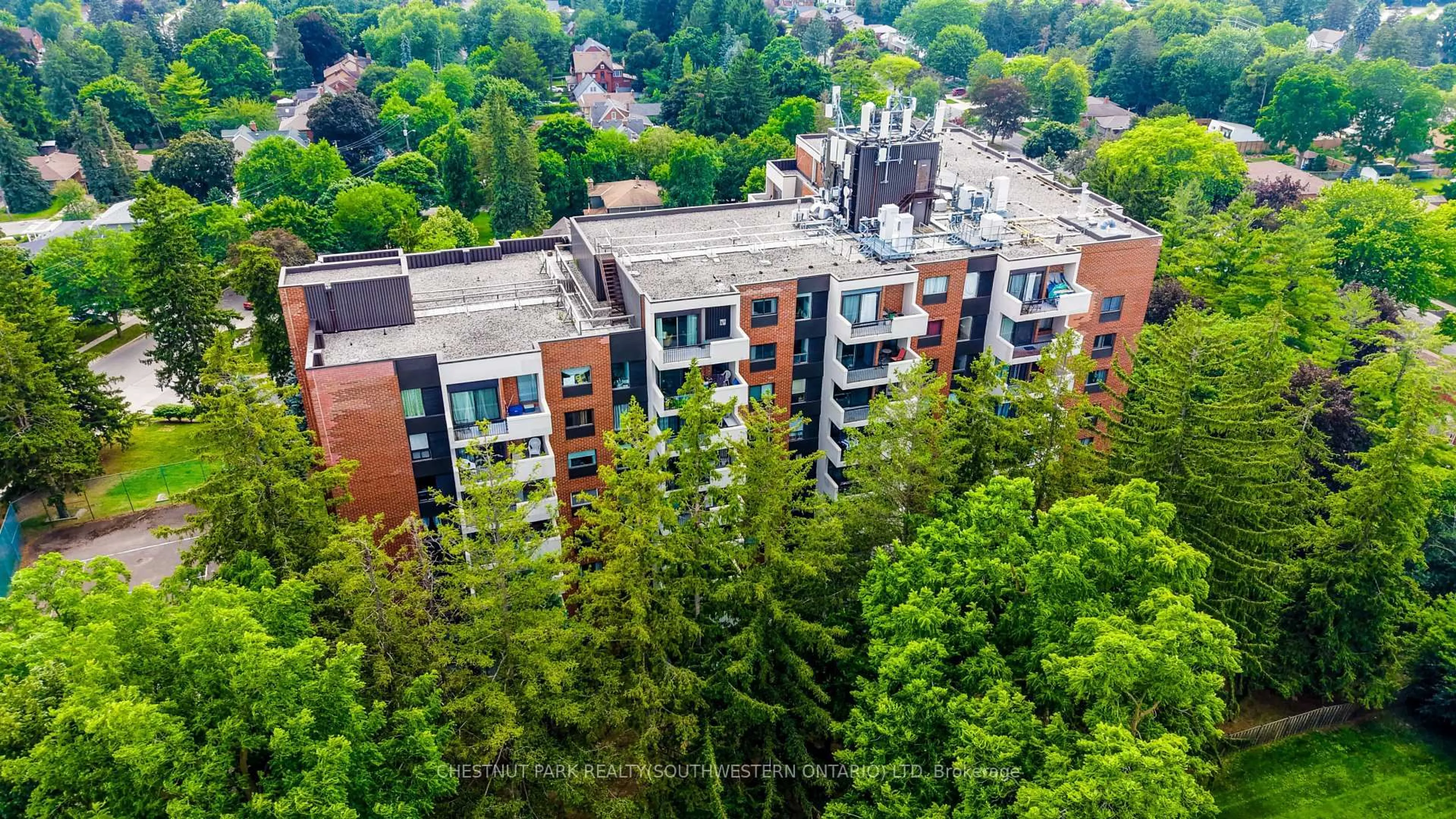 A pic from outside/outdoor area/front of a property/back of a property/a pic from drone, city buildings view from balcony for 260 Sheldon Ave #401, Kitchener Ontario N2H 6P2