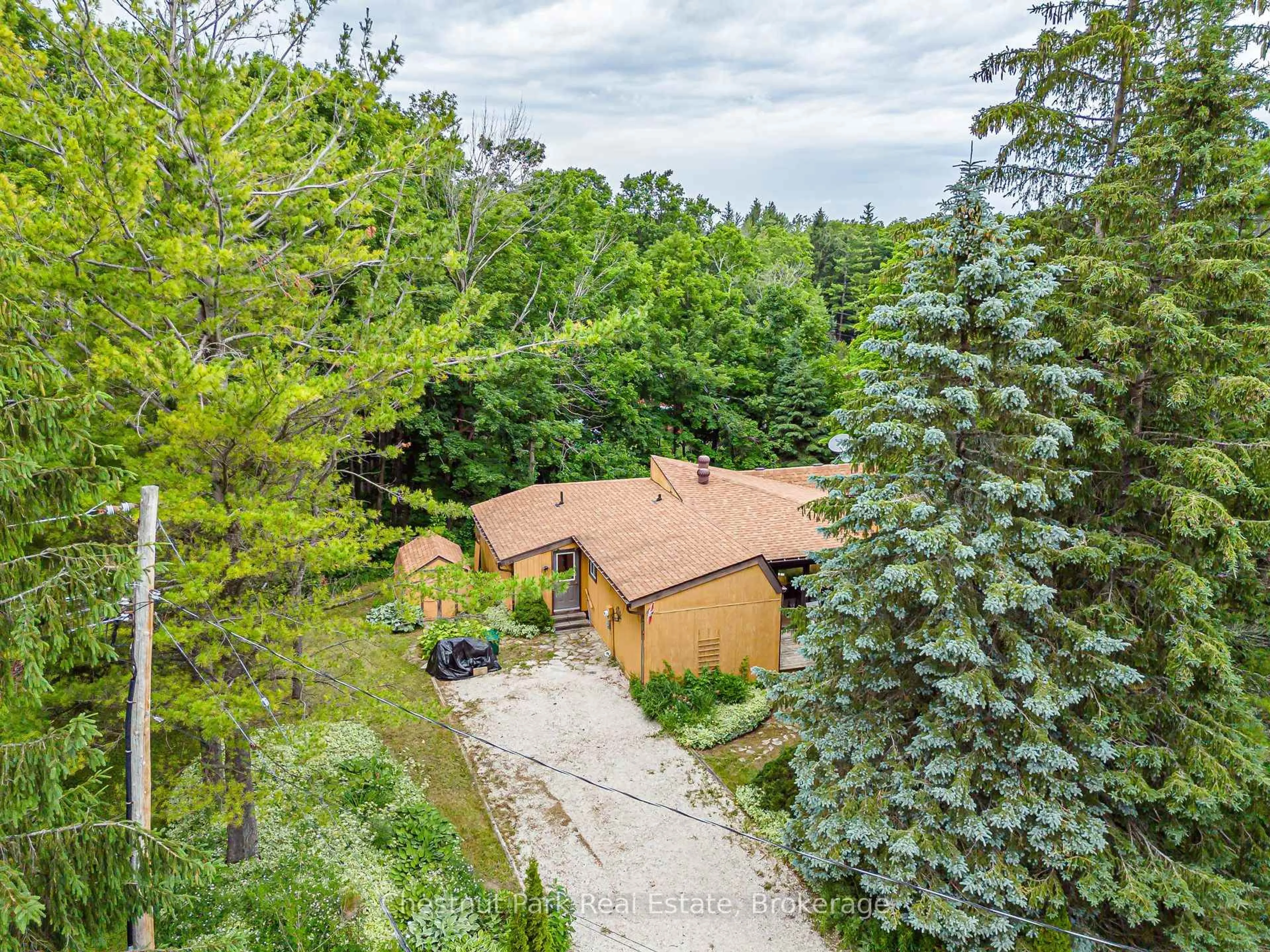 A pic from outside/outdoor area/front of a property/back of a property/a pic from drone, forest/trees view for 138 Kionontio Tr, Blue Mountains Ontario L9Y 0R6