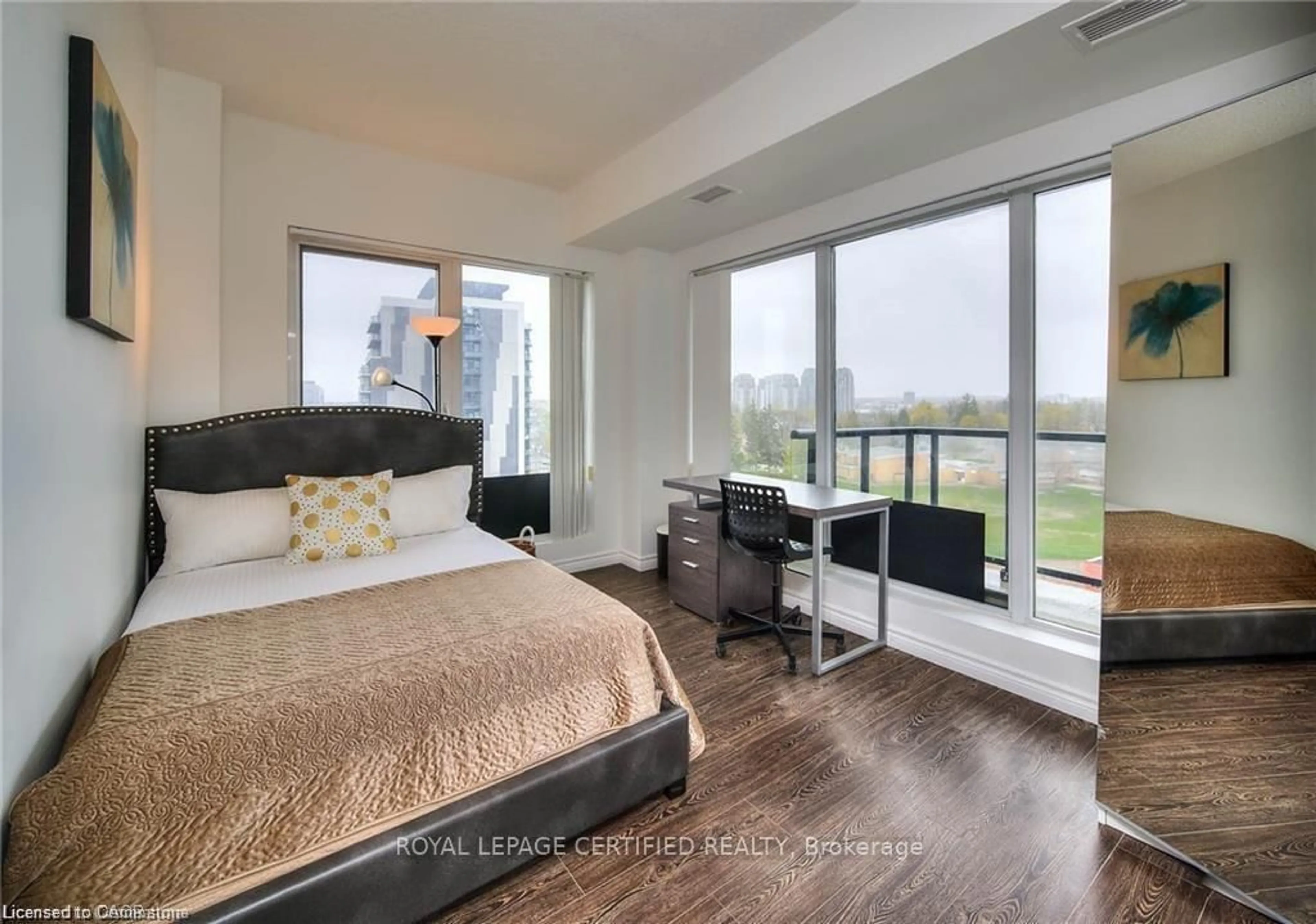 Bedroom with bed, wood/laminate floor for 160 KING St #901, Waterloo Ontario N2J 2Y2