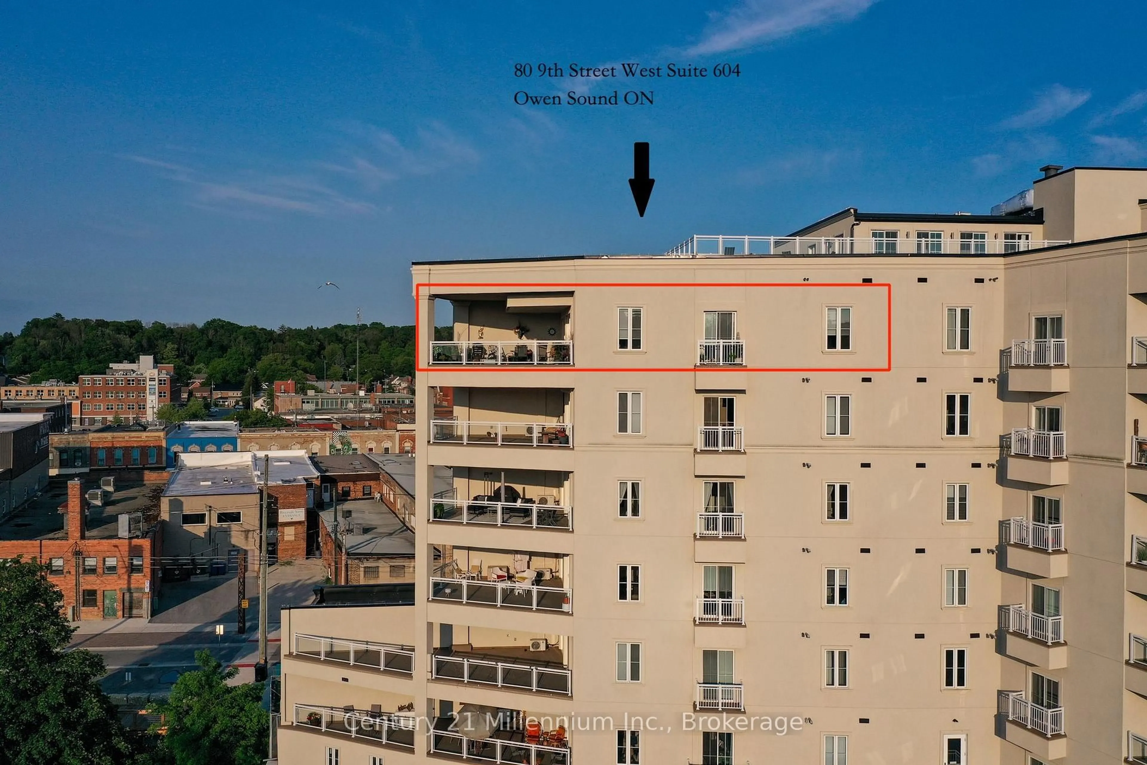 A pic from outside/outdoor area/front of a property/back of a property/a pic from drone, city buildings view from balcony for 80 9th St #604, Owen Sound Ontario N4K 1N4