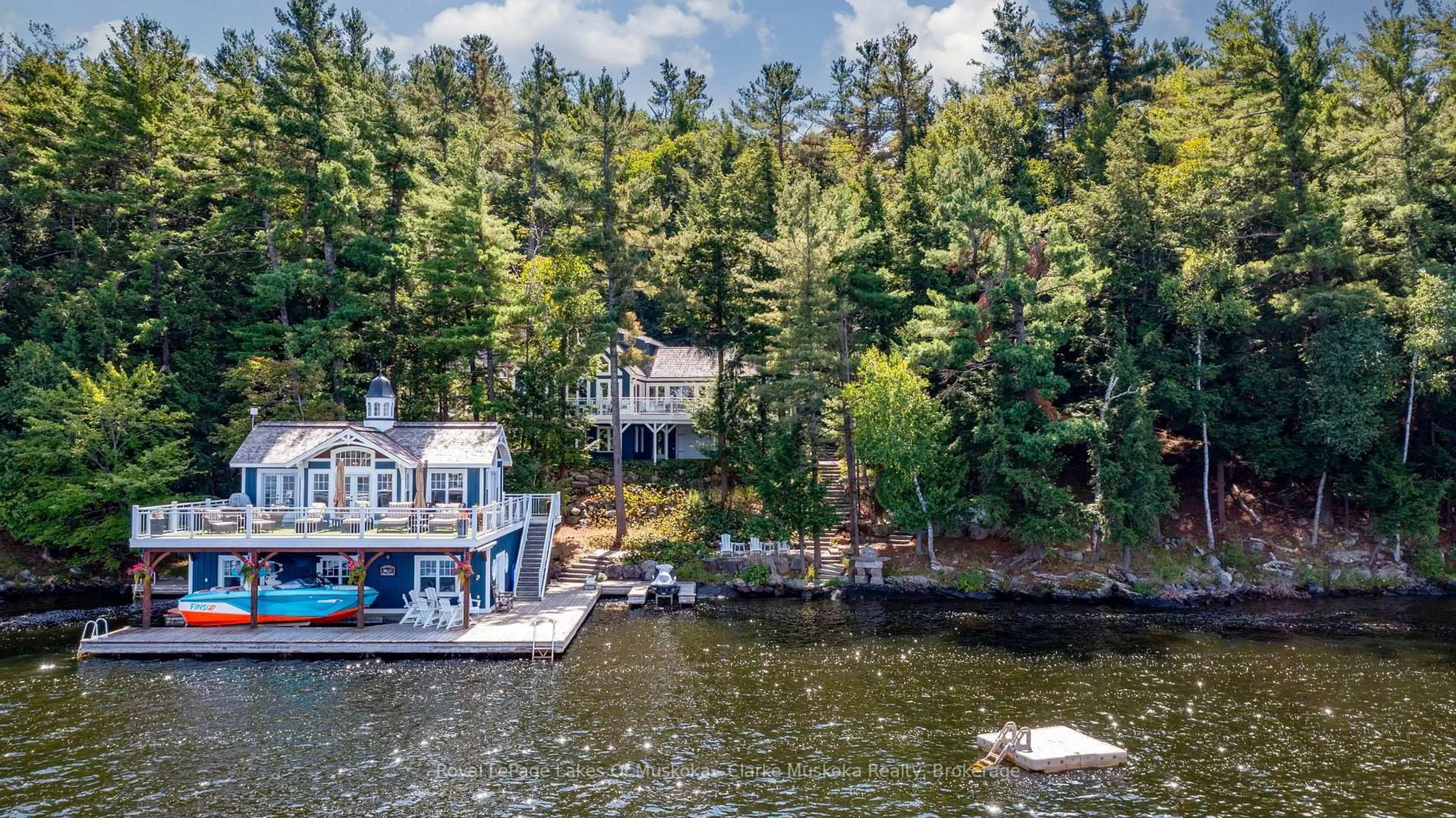A pic from outside/outdoor area/front of a property/back of a property/a pic from drone, water/lake/river/ocean view for M81 PINE ISLAND #1 Island, Muskoka Lakes Ontario P1L 1W8